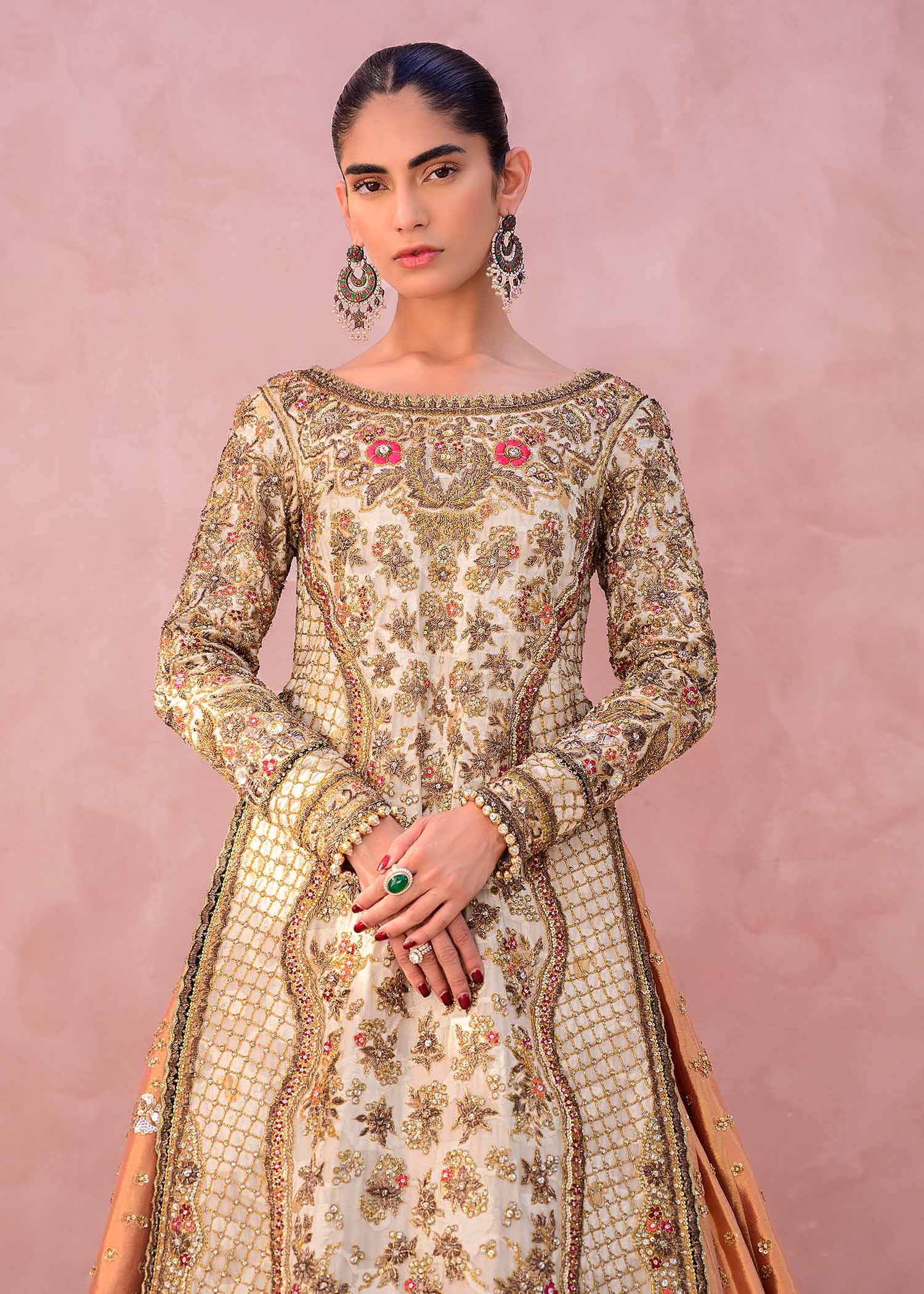 Pakistani Gold and Peach Embellished Silk Blend Bridal Lehenga (3-Piece) - Image 2
