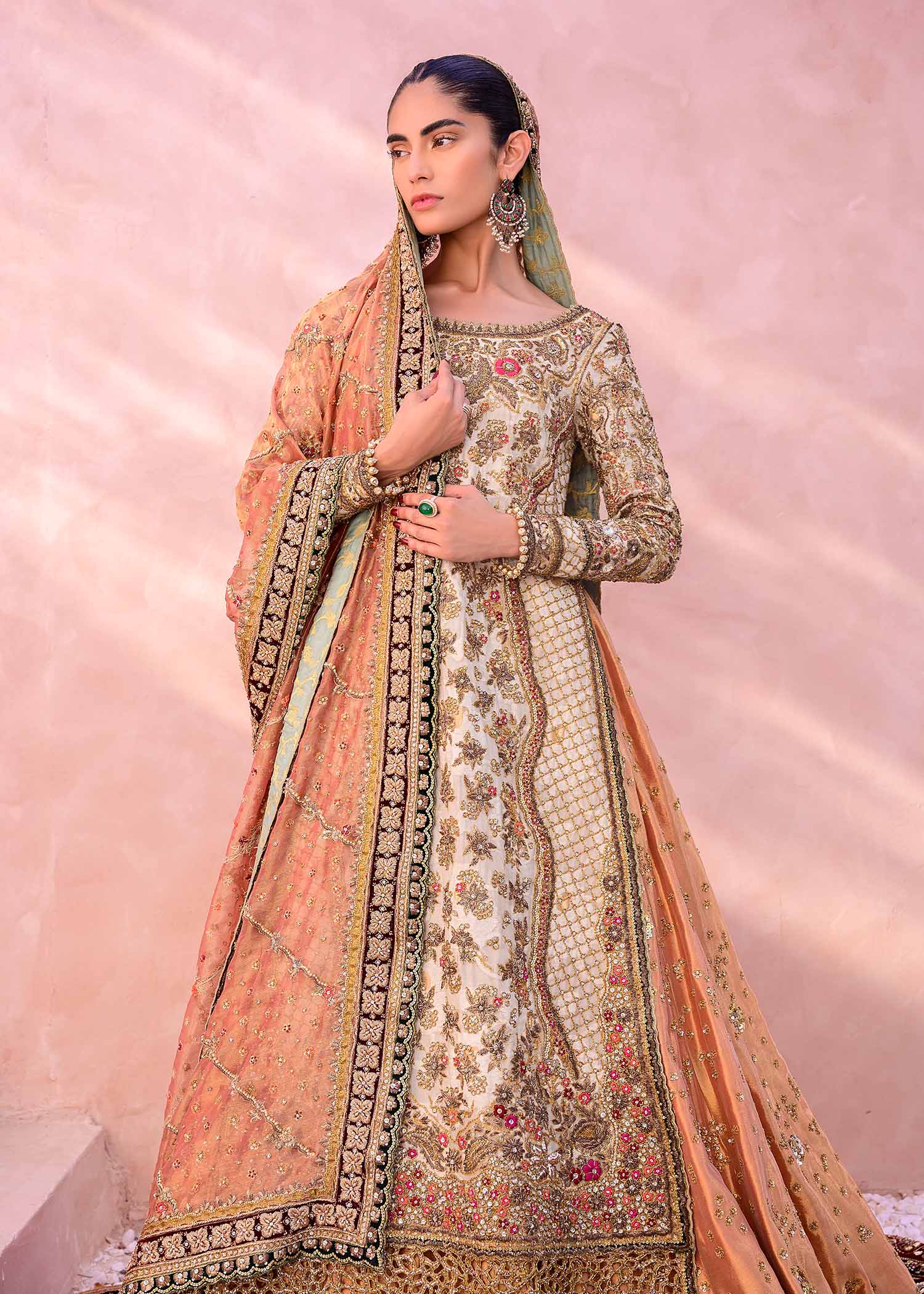Pakistani Gold and Peach Embellished Silk Blend Bridal Lehenga (3-Piece) - Image 3