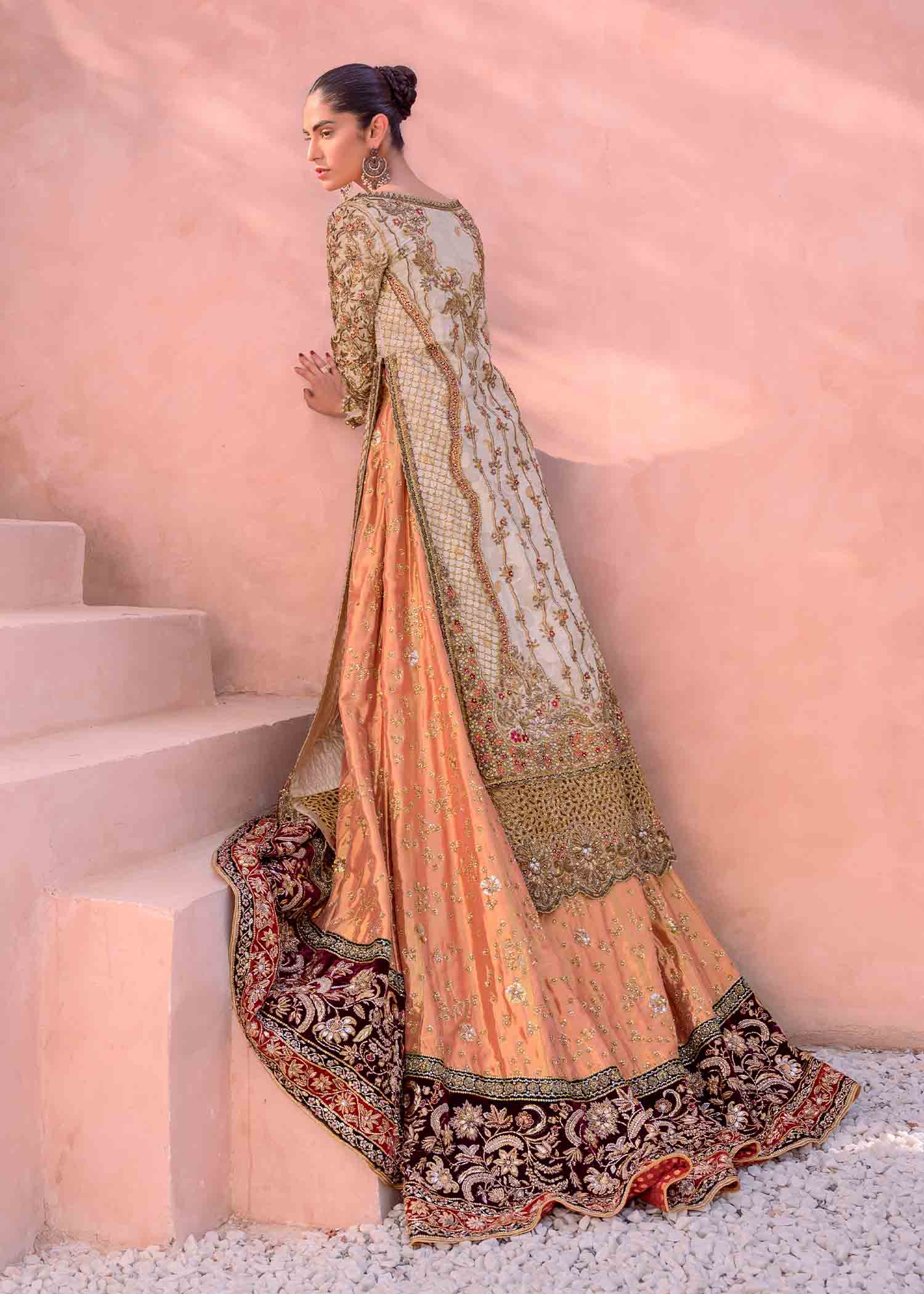 Pakistani Gold and Peach Embellished Silk Blend Bridal Lehenga (3-Piece) - Image 4