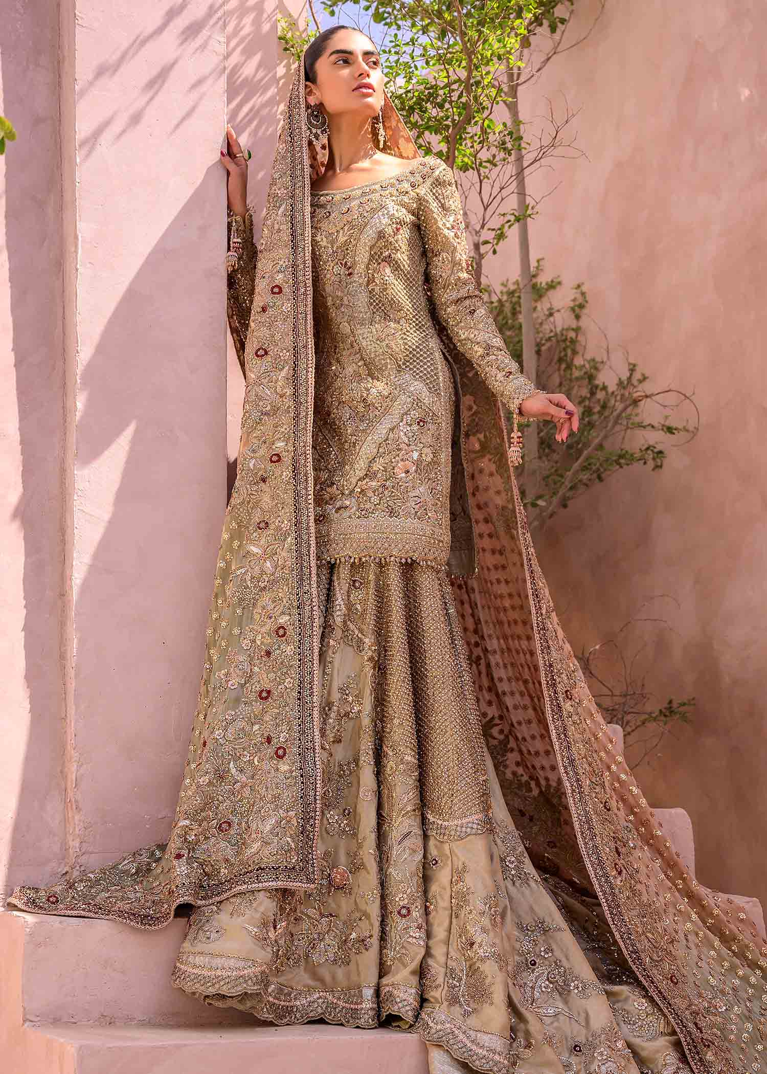 Antique Gold Embellished Tissue Silk Bridal Lehenga (3-Piece) - Image 1