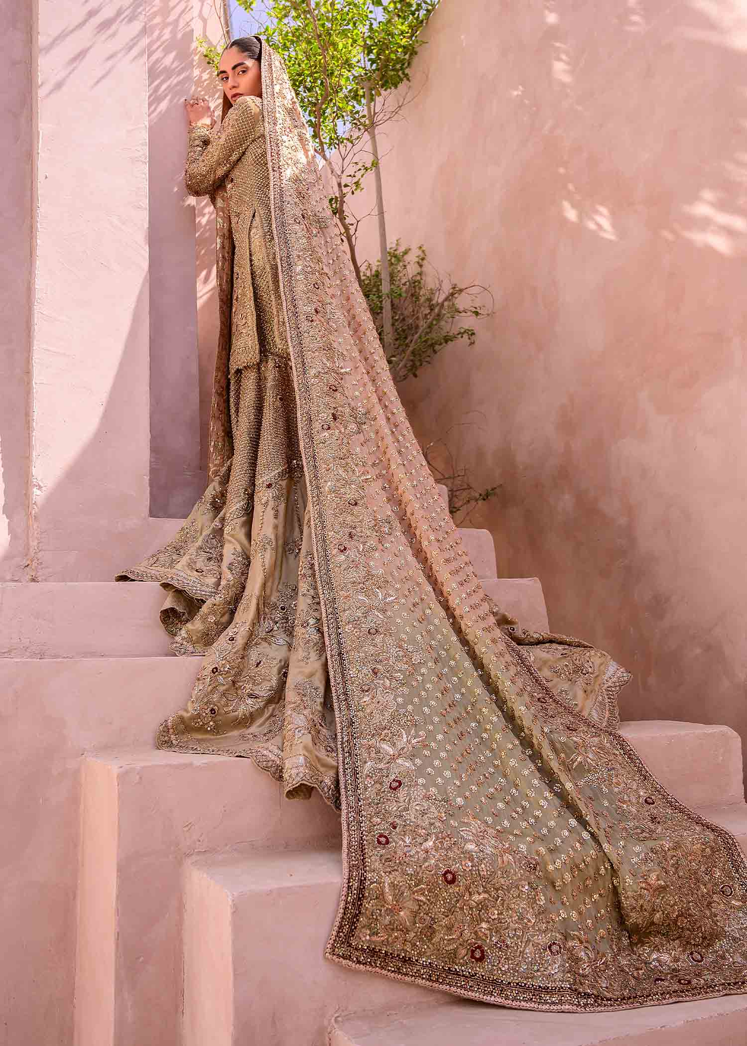 Antique Gold Embellished Tissue Silk Bridal Lehenga (3-Piece) - Image 5
