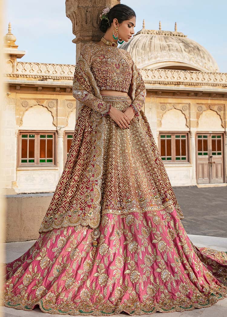 Gold and Pink Embellished Silk Blend Bridal Lehenga Choli (3-Piece) - Image 1