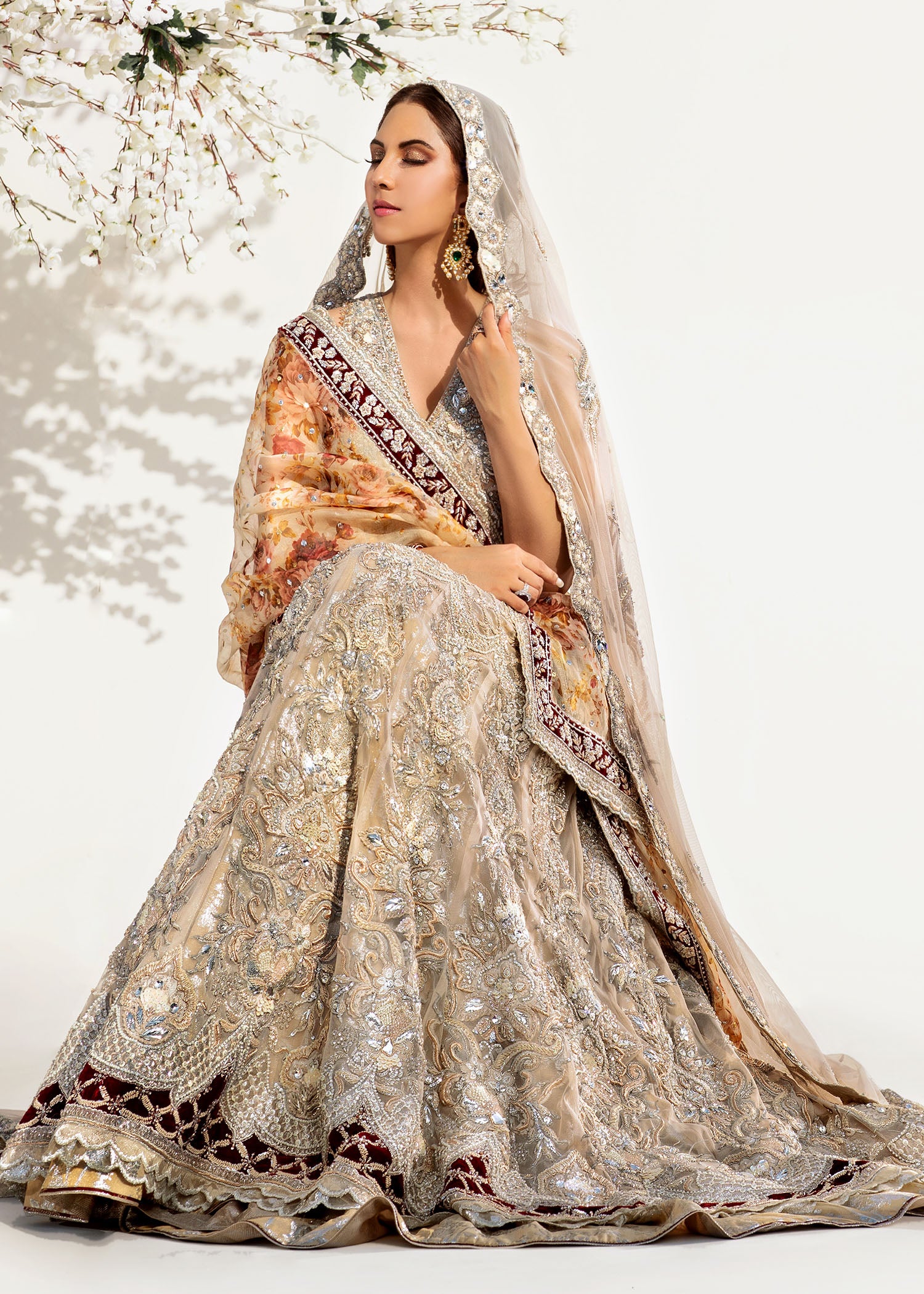 Pakistani Champagne Embellished Silk-Blend Bridal Lehenga (3-Piece) - Image 2