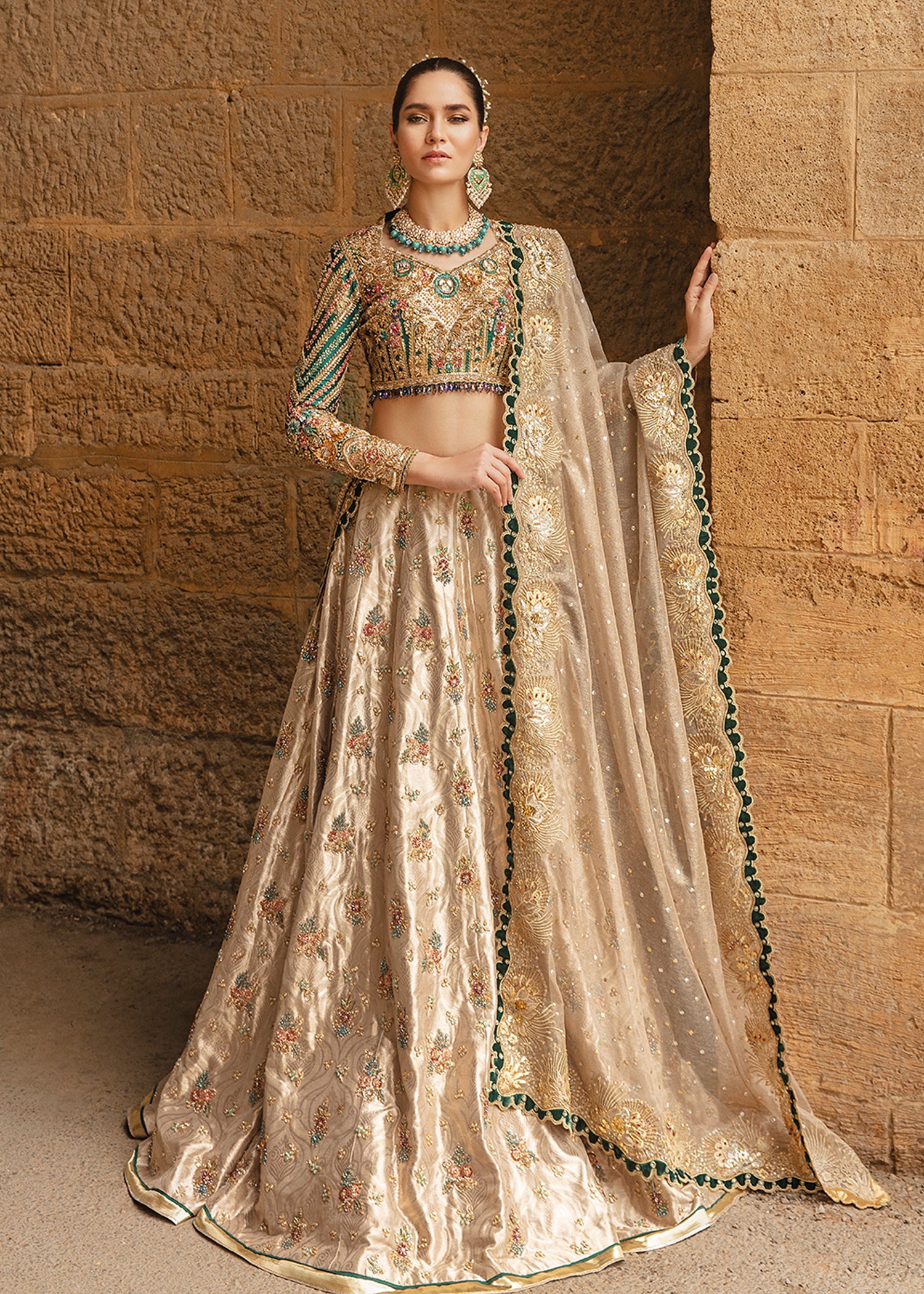 Gold and Emerald Embroidered Silk-Blend Lehenga (3-Piece) - Image 1