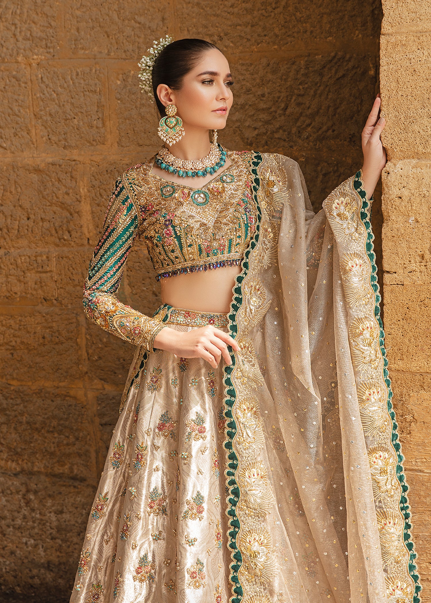 Gold and Emerald Embroidered Silk-Blend Lehenga (3-Piece) - Image 2