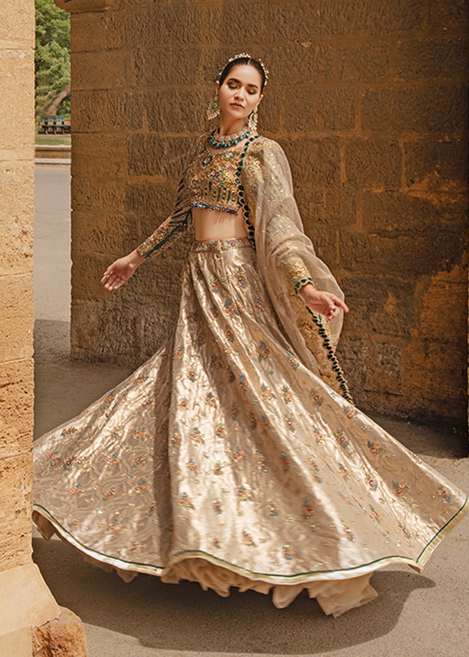Gold and Emerald Embroidered Silk-Blend Lehenga (3-Piece) - Image 3