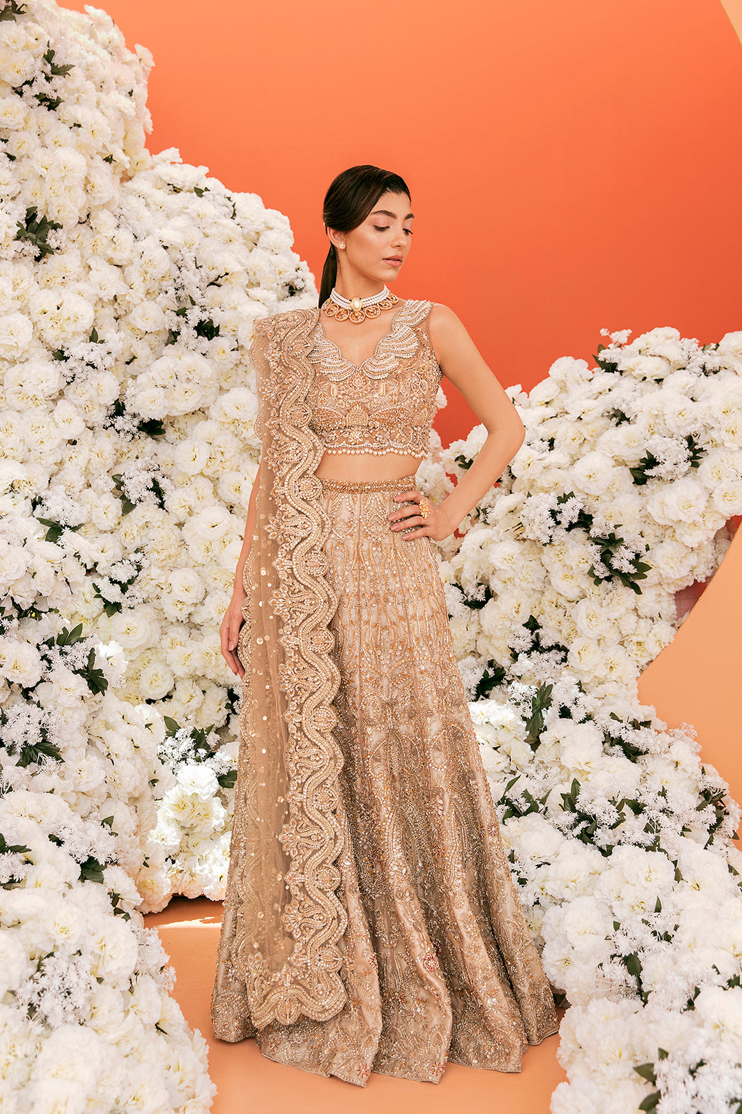 Pakistani Champagne Gold Embellished Silk-Blend Bridal Lehenga (3-Piece) - Image 1