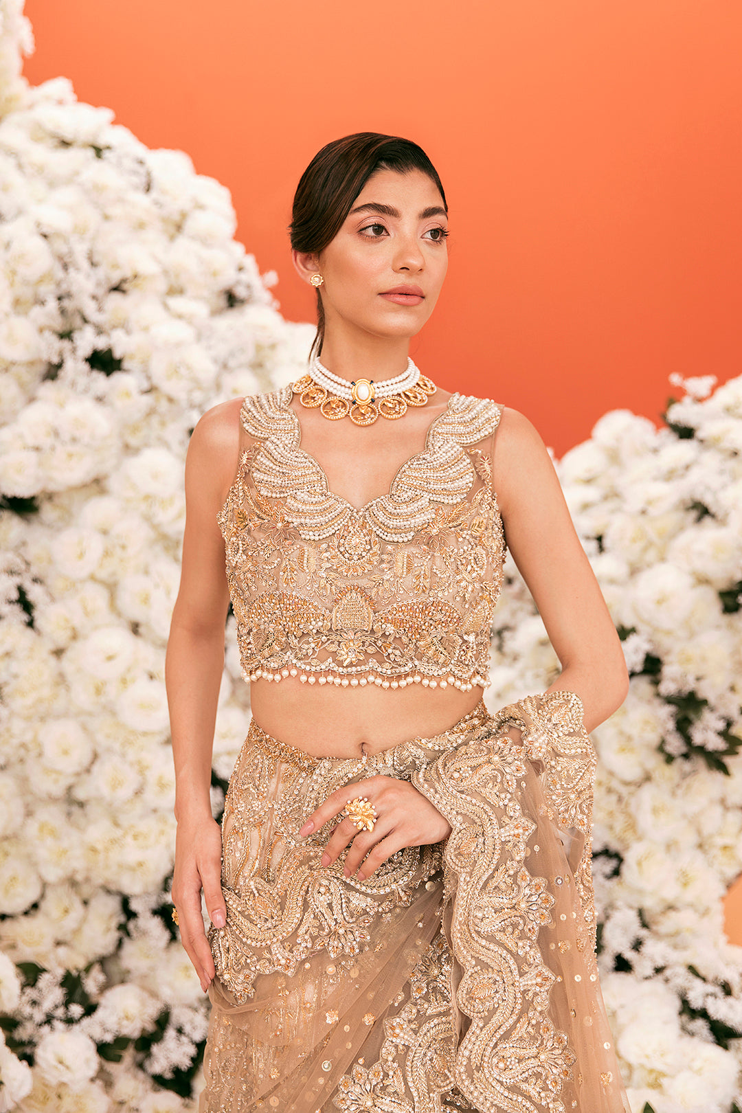 Pakistani Champagne Gold Embellished Silk-Blend Bridal Lehenga (3-Piece) - Image 2