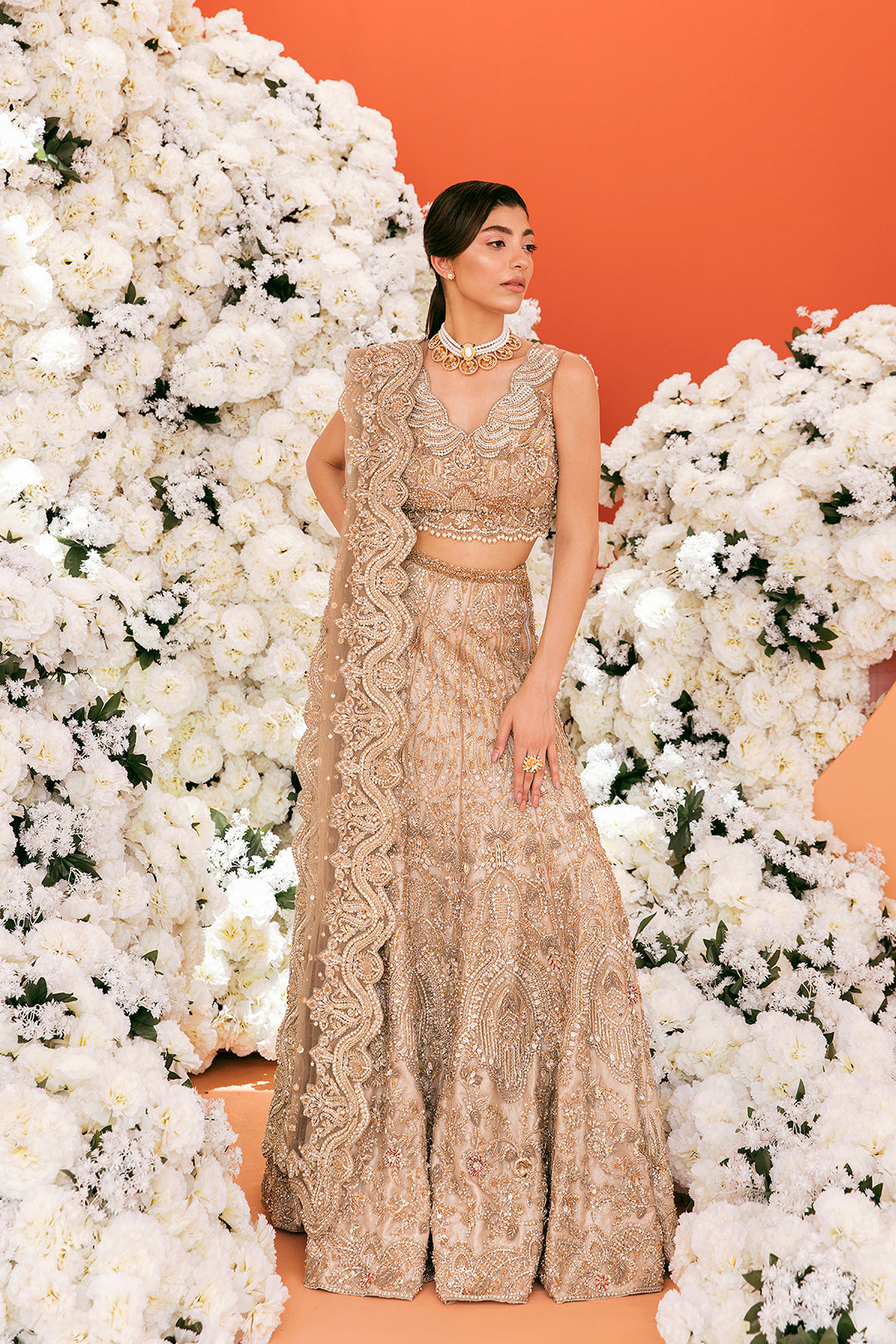 Pakistani Champagne Gold Embellished Silk-Blend Bridal Lehenga (3-Piece) - Image 3