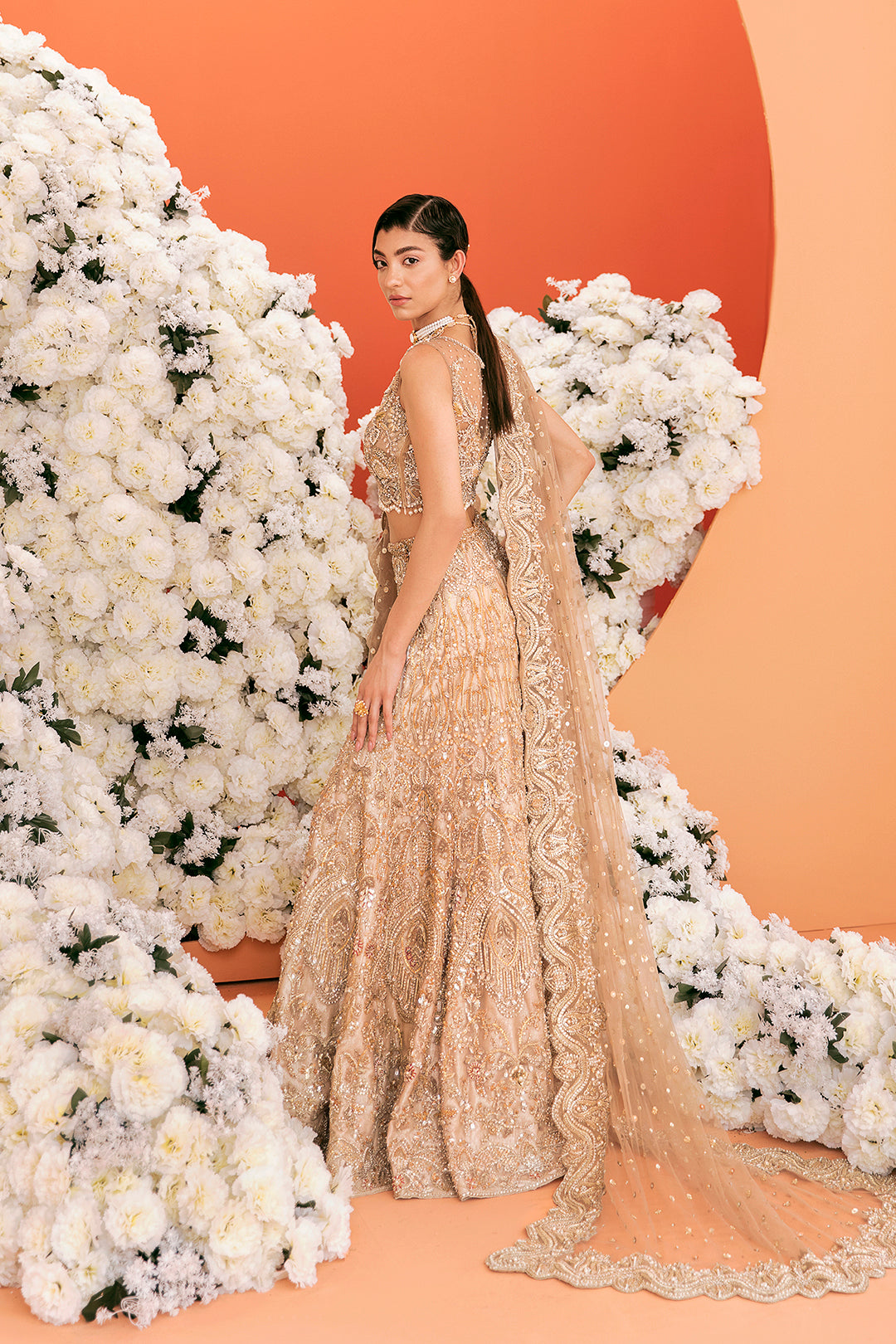 Pakistani Champagne Gold Embellished Silk-Blend Bridal Lehenga (3-Piece) - Image 4