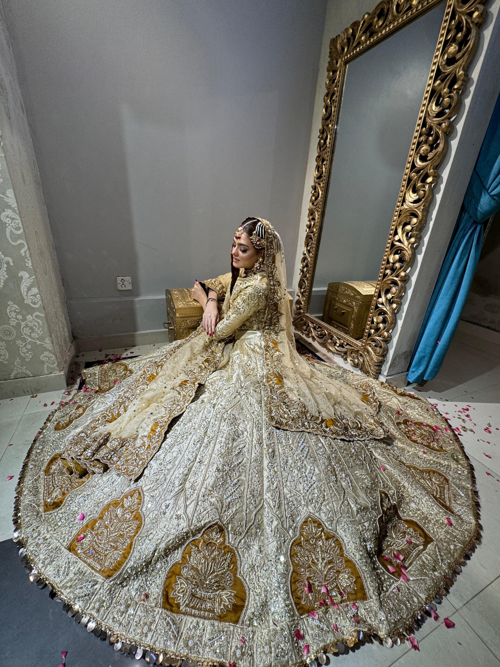 Pakistani Gold Embellished Silk-Blend Lehenga Set (3-Piece) - Image 1