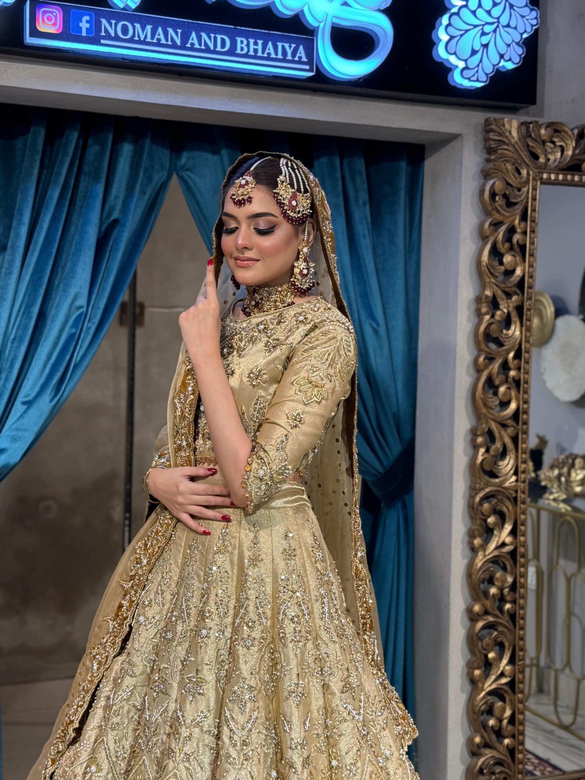 Pakistani Gold Embellished Silk-Blend Lehenga Set (3-Piece) - Image 2