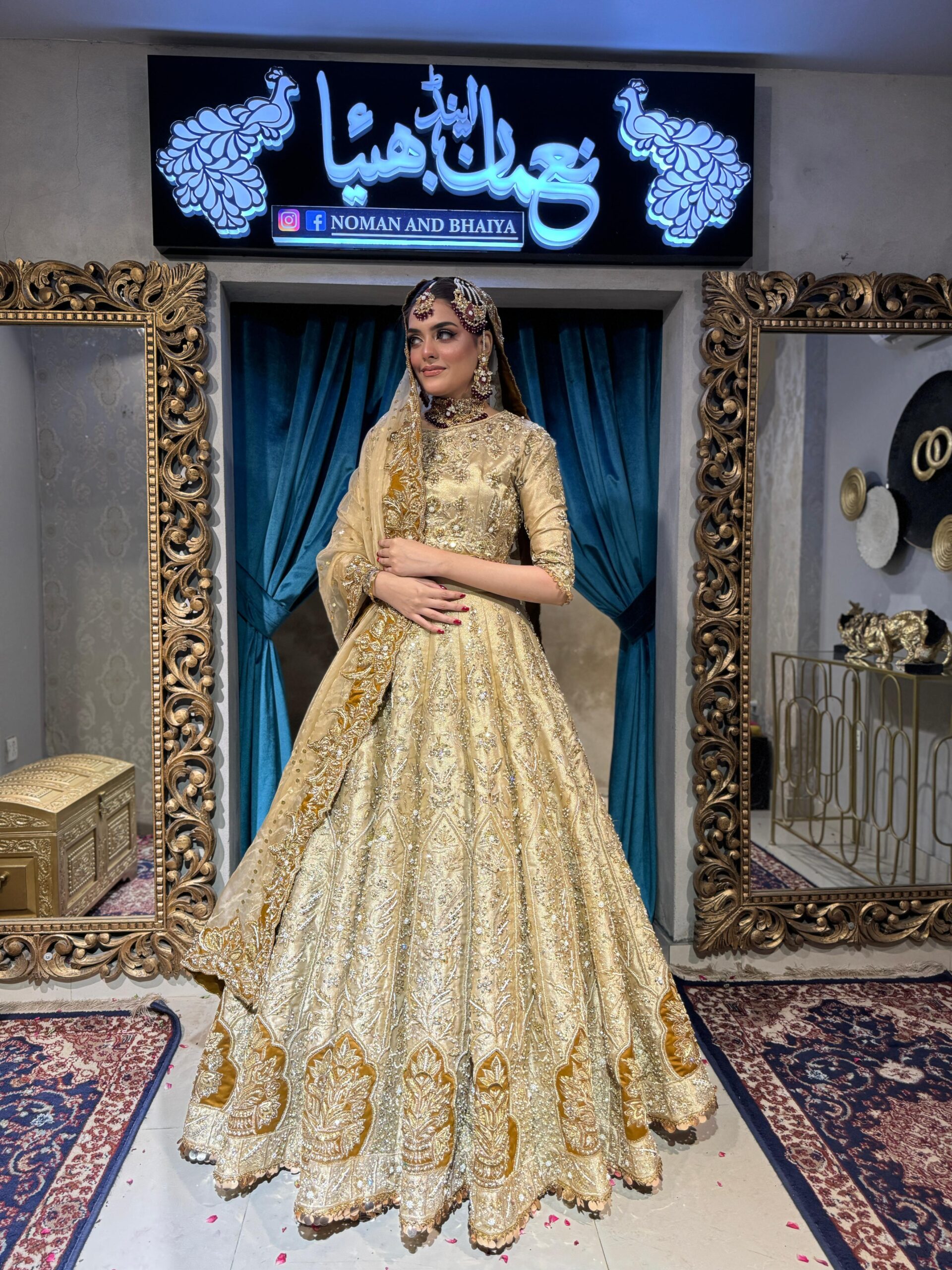 Pakistani Gold Embellished Silk-Blend Lehenga Set (3-Piece) - Image 3