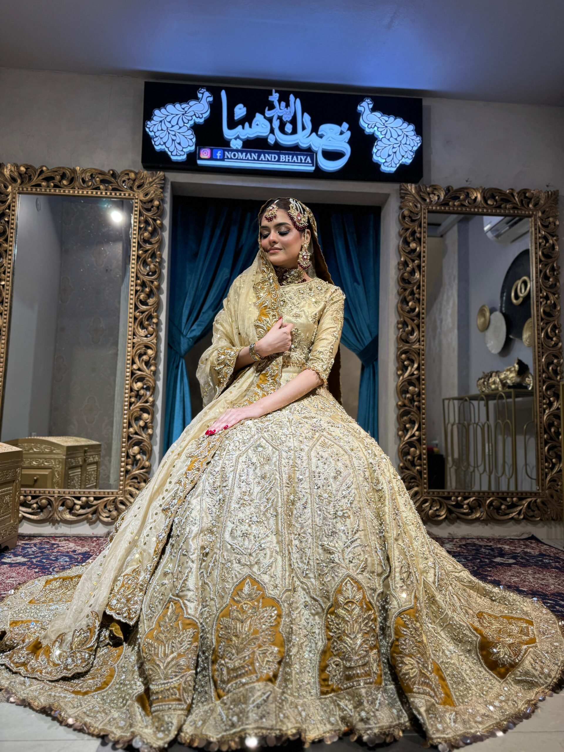 Pakistani Gold Embellished Silk-Blend Lehenga Set (3-Piece) - Image 4