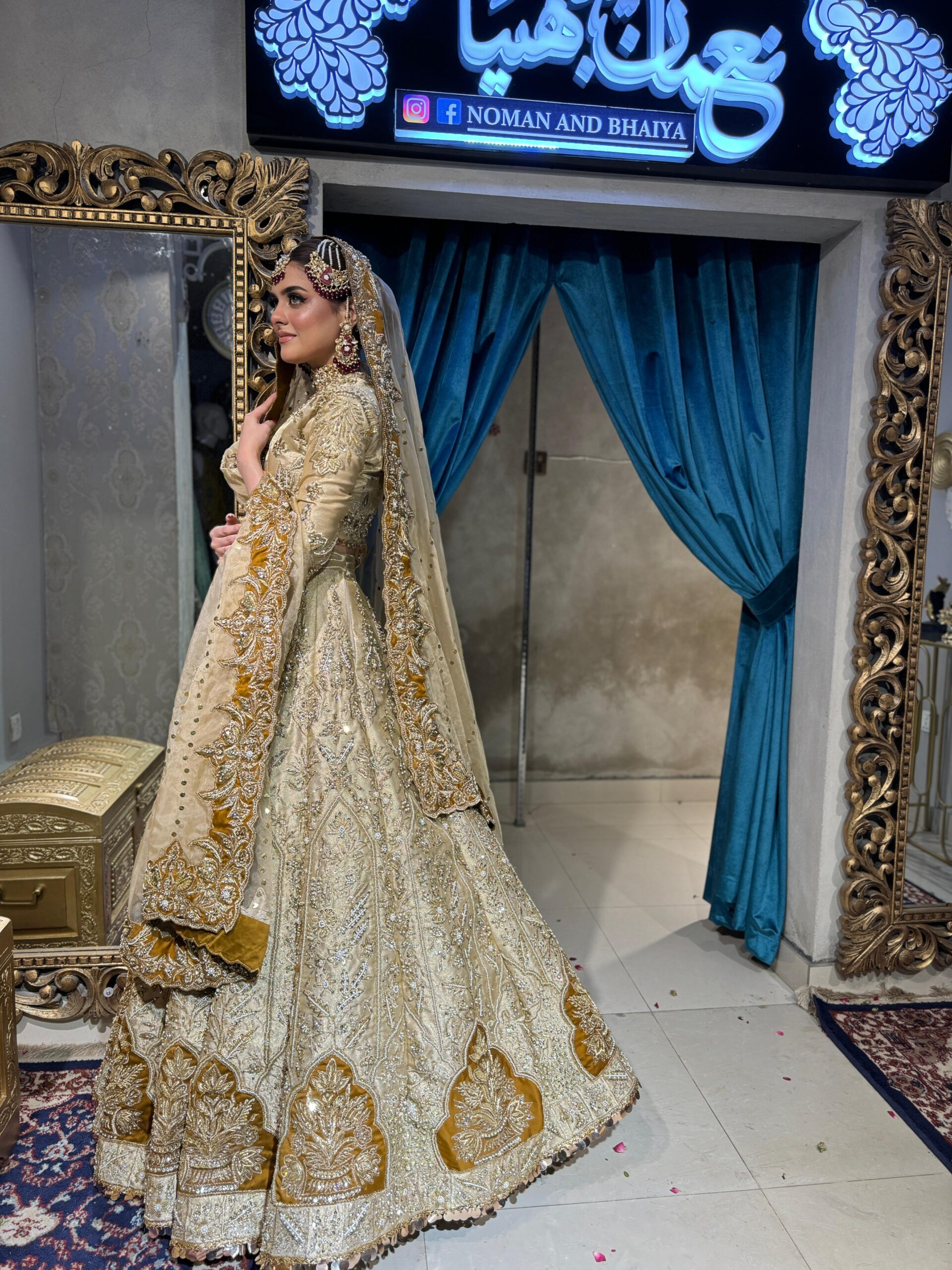 Pakistani Gold Embellished Silk-Blend Lehenga Set (3-Piece) - Image 5