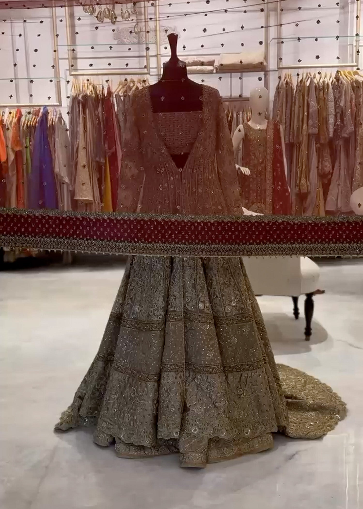Pakistani Antique Gold Zardozi Net Silk Bridal Lehenga (3-Piece) - Image 1