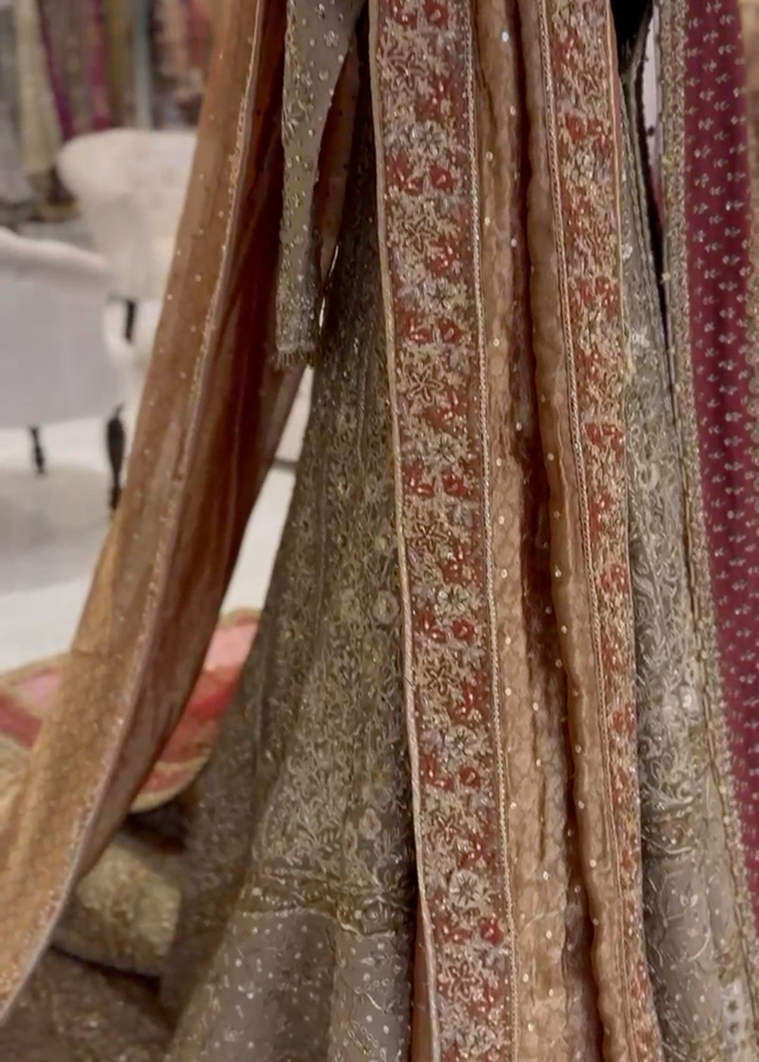 Pakistani Antique Gold Zardozi Net Silk Bridal Lehenga (3-Piece) - Image 4