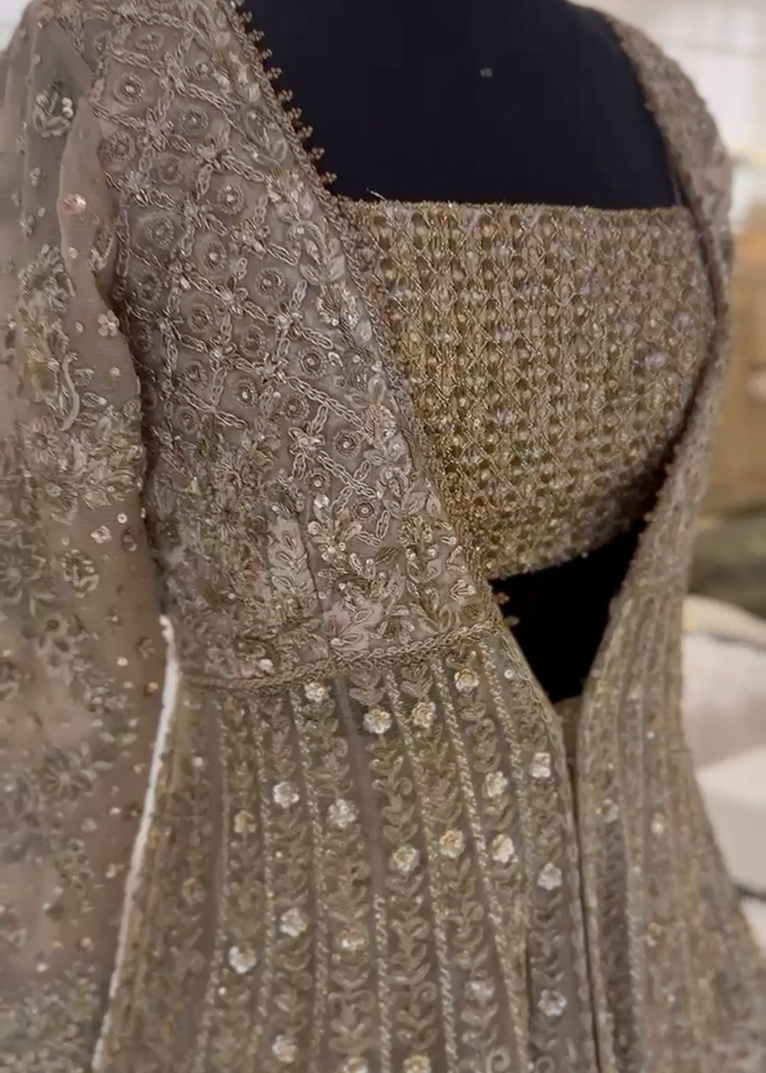 Pakistani Antique Gold Zardozi Net Silk Bridal Lehenga (3-Piece) - Image 6