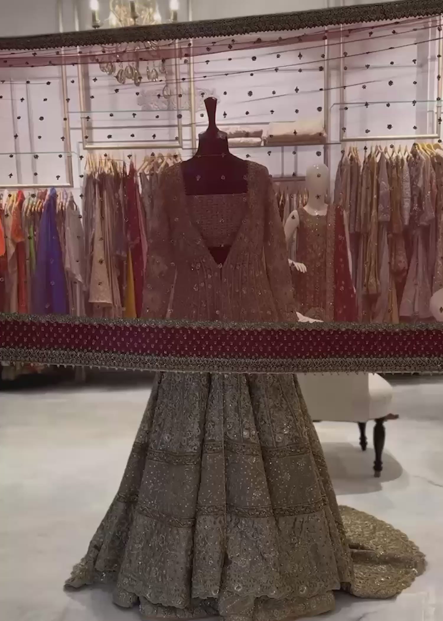 Pakistani Antique Gold Zardozi Net Silk Bridal Lehenga (3-Piece) - Image 7