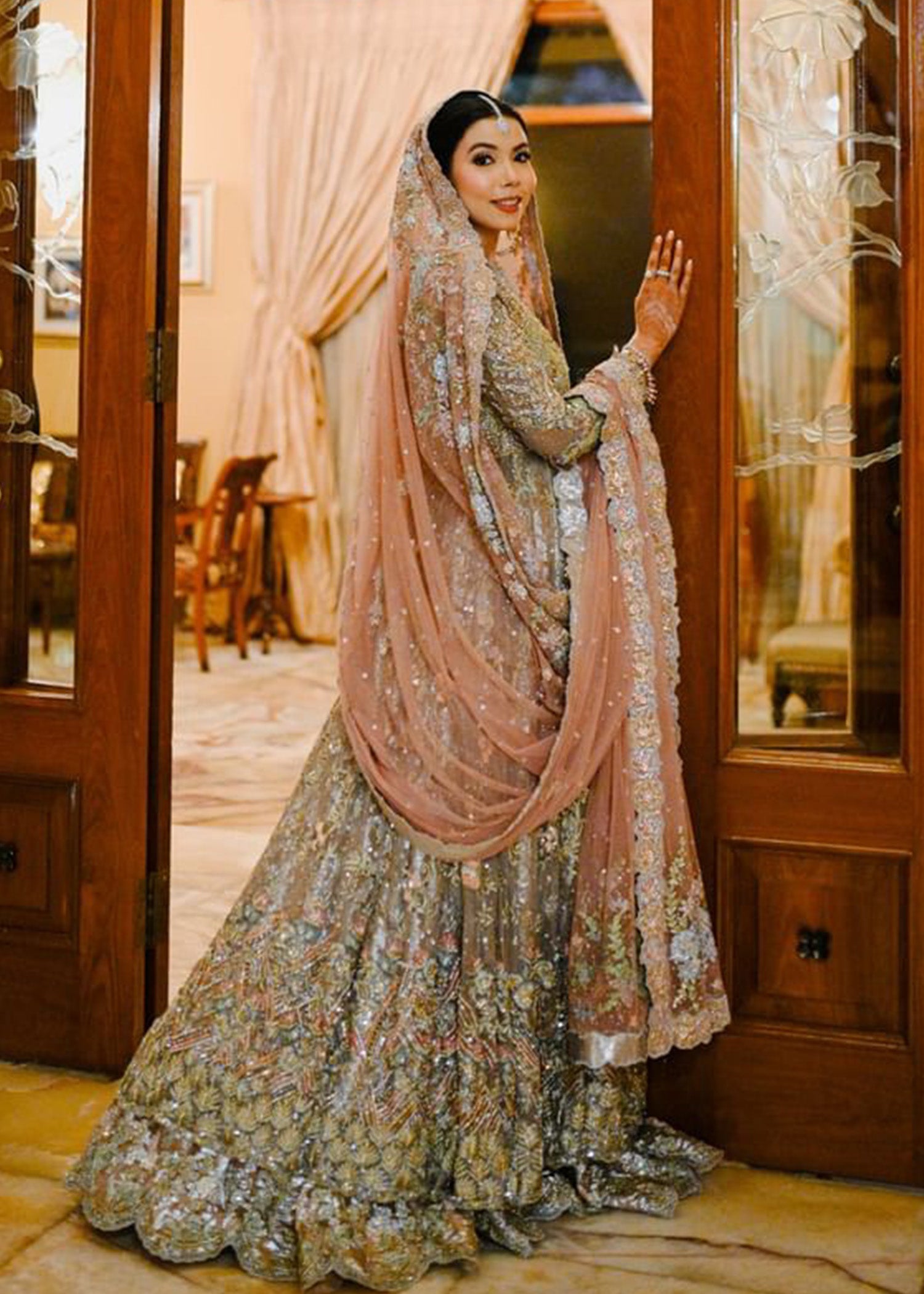 Pakistani Muted Gold Dusty Rose Embellished Bridal Lehenga (3-Piece) - Image 2