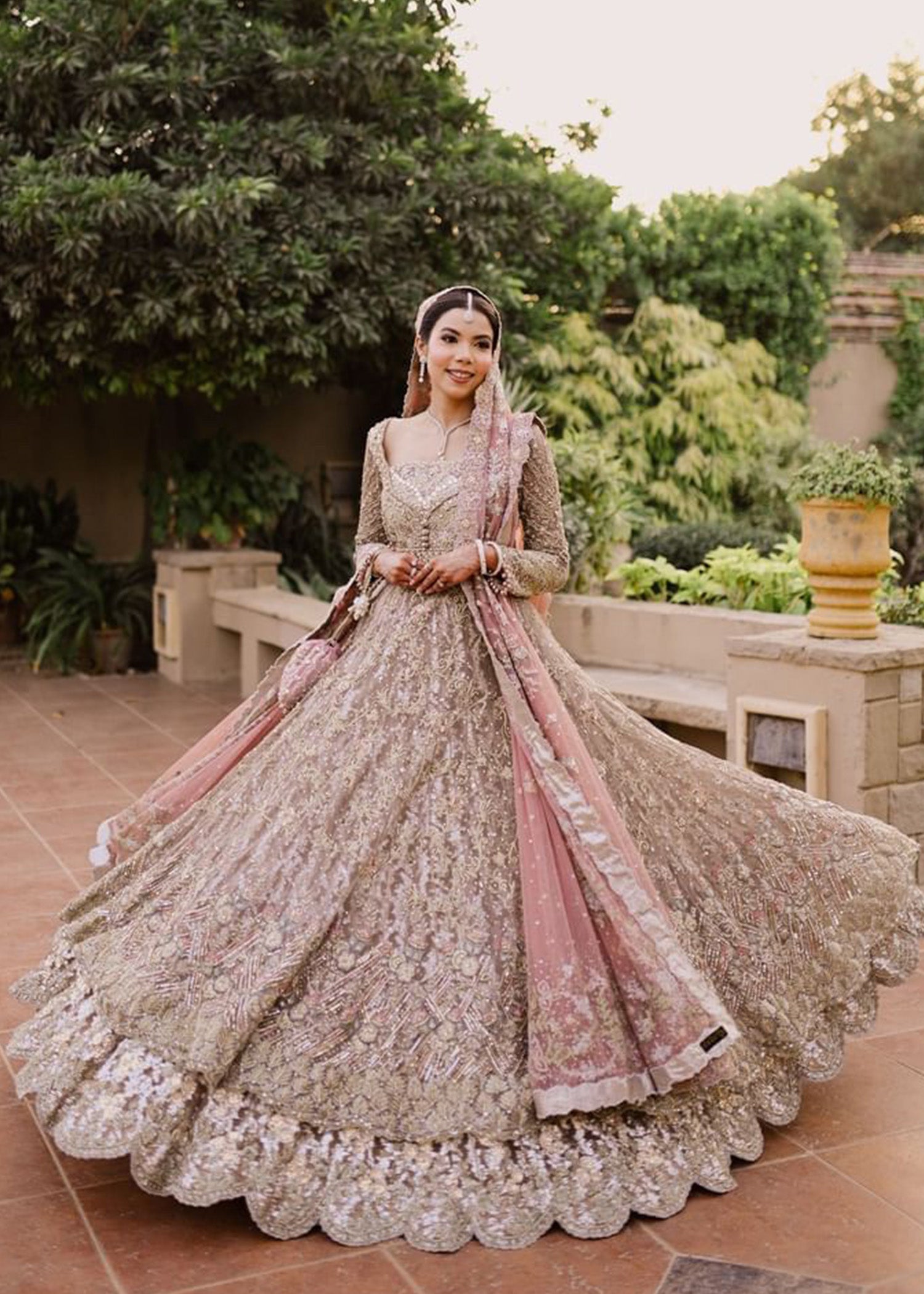 Pakistani Muted Gold Dusty Rose Embellished Bridal Lehenga (3-Piece) - Image 3