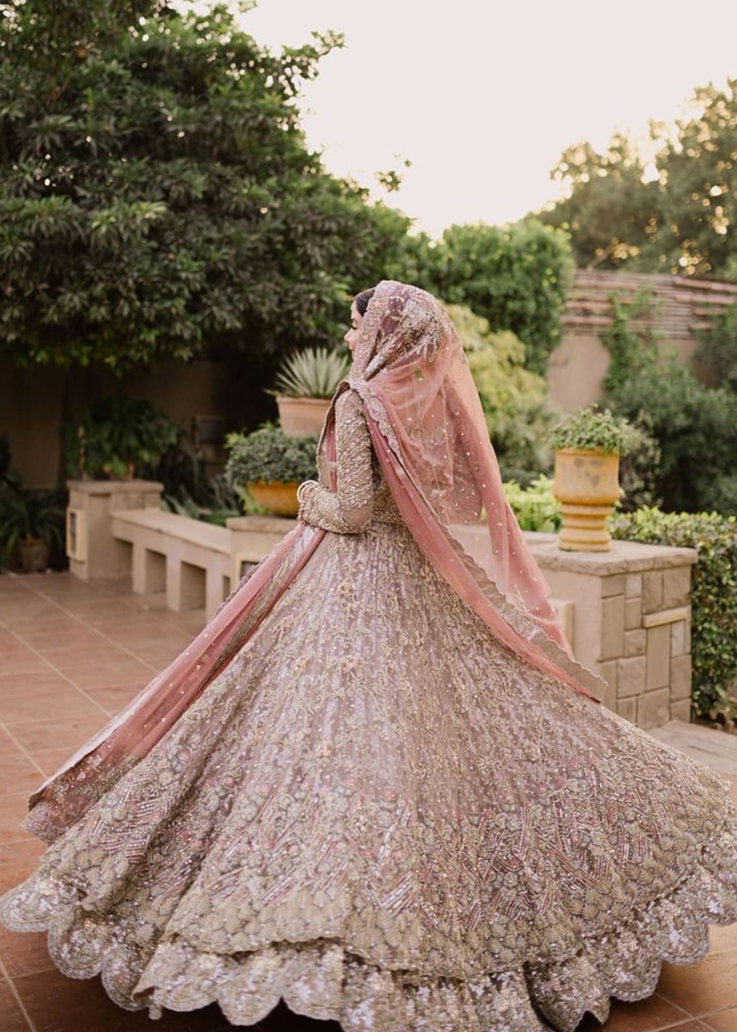 Pakistani Muted Gold Dusty Rose Embellished Bridal Lehenga (3-Piece) - Image 4
