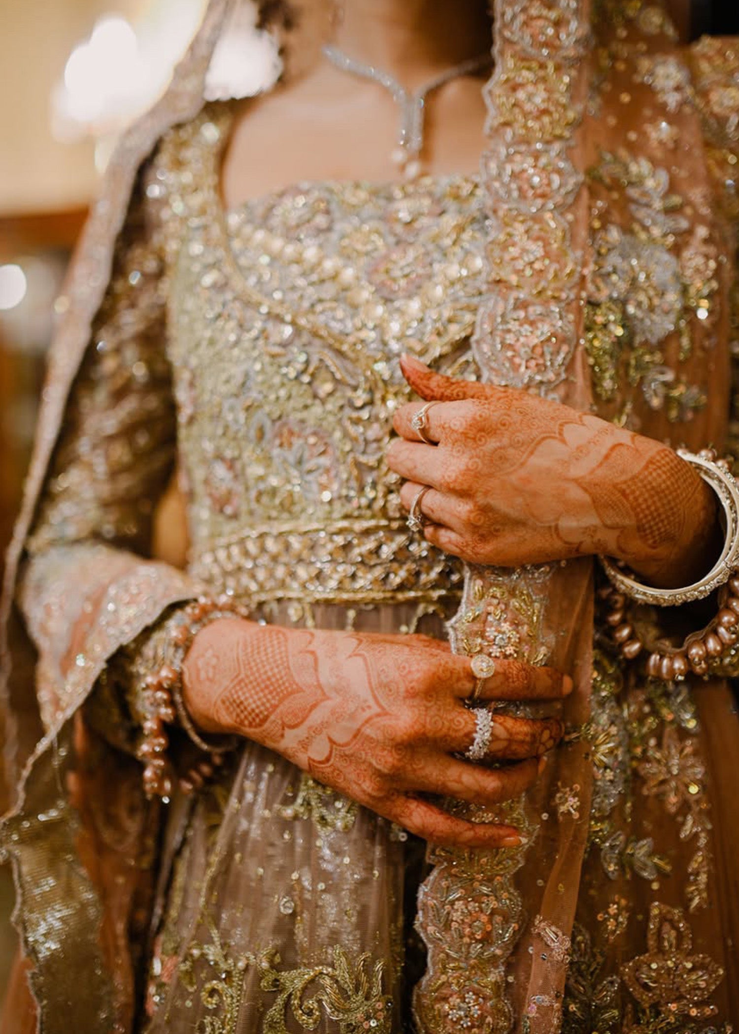 Pakistani Muted Gold Dusty Rose Embellished Bridal Lehenga (3-Piece) - Image 5