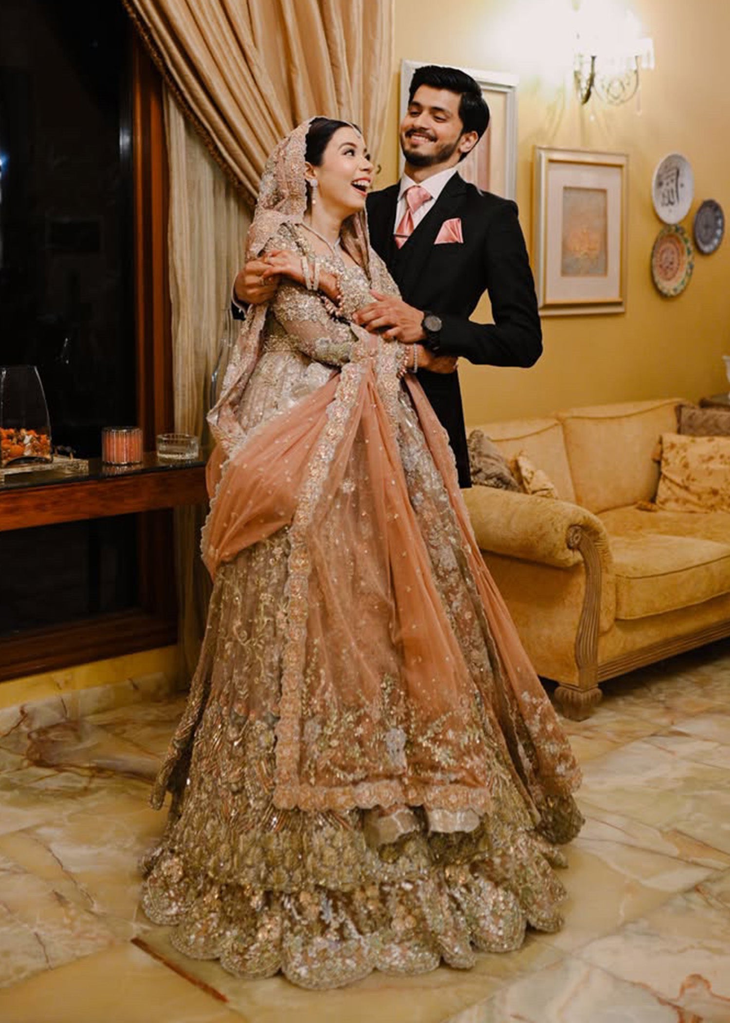 Pakistani Muted Gold Dusty Rose Embellished Bridal Lehenga (3-Piece) - Image 6