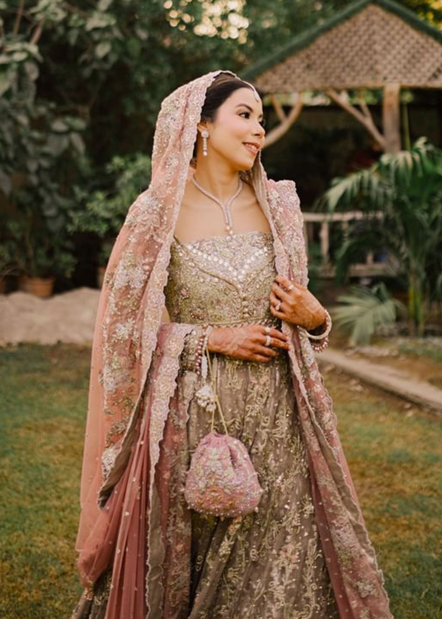 Pakistani Muted Gold Dusty Rose Embellished Bridal Lehenga (3-Piece) - Image 7