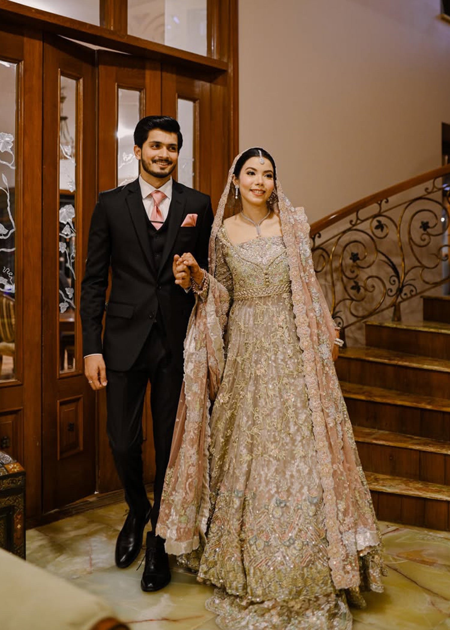 Pakistani Muted Gold Dusty Rose Embellished Bridal Lehenga (3-Piece) - Image 8