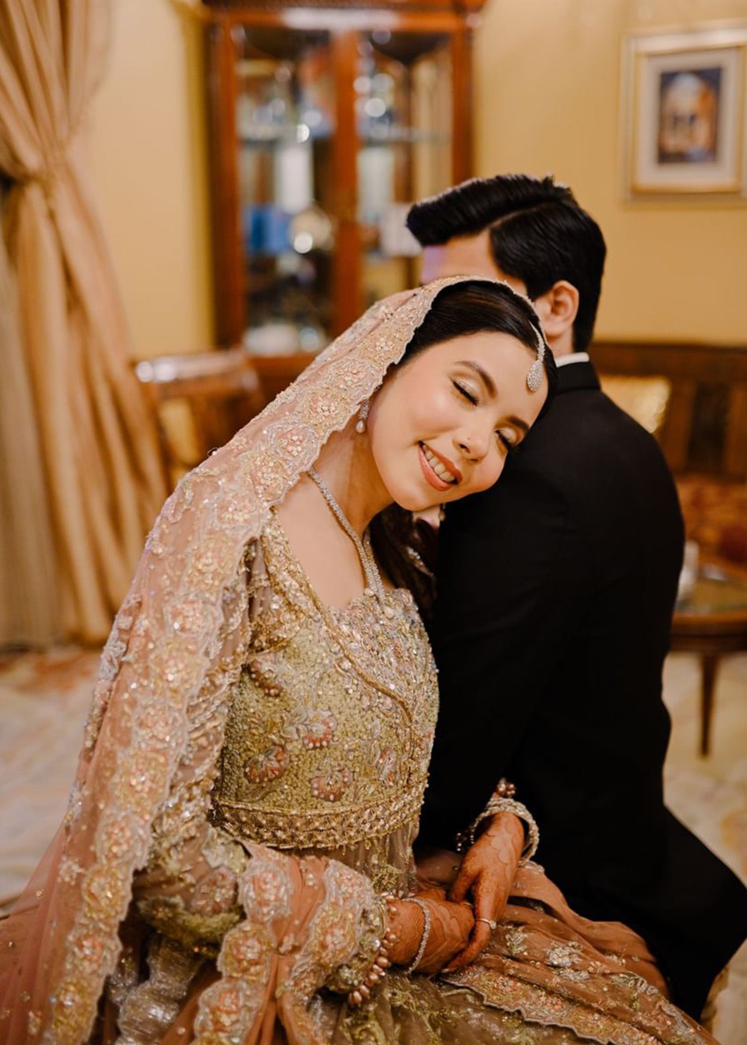 Pakistani Muted Gold Dusty Rose Embellished Bridal Lehenga (3-Piece) - Image 9