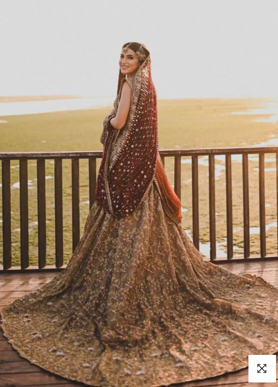 Pakistani Antique Gold Maroon Embellished Silk Bridal Lehenga (3-Piece) - Image 1