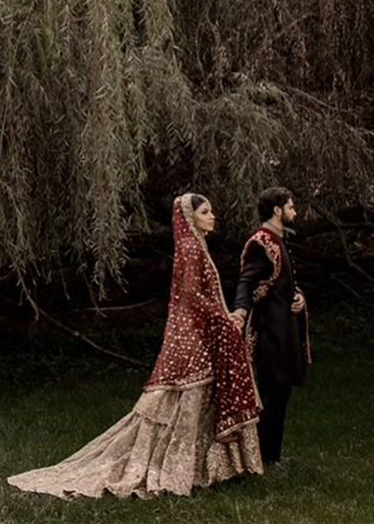 Deep Red Gold Embellished Tissue Silk Bridal Lehenga (3-Piece) - Image 2