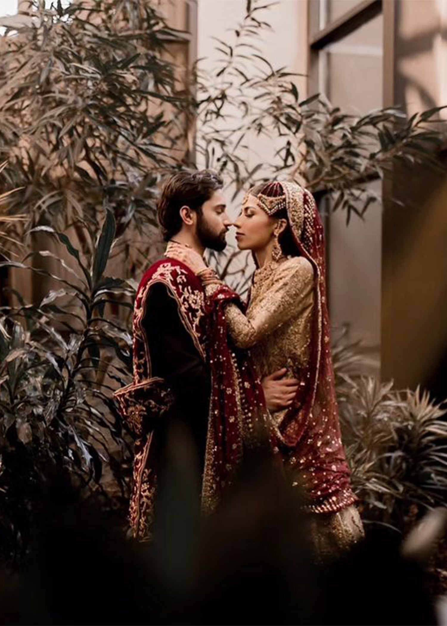 Deep Red Gold Embellished Tissue Silk Bridal Lehenga (3-Piece) - Image 3