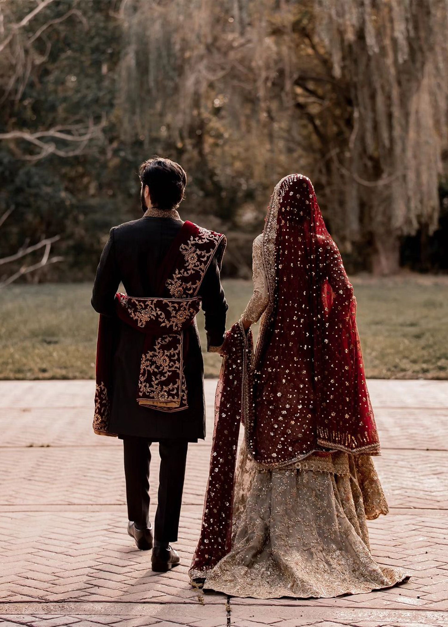 Deep Red Gold Embellished Tissue Silk Bridal Lehenga (3-Piece) - Image 4