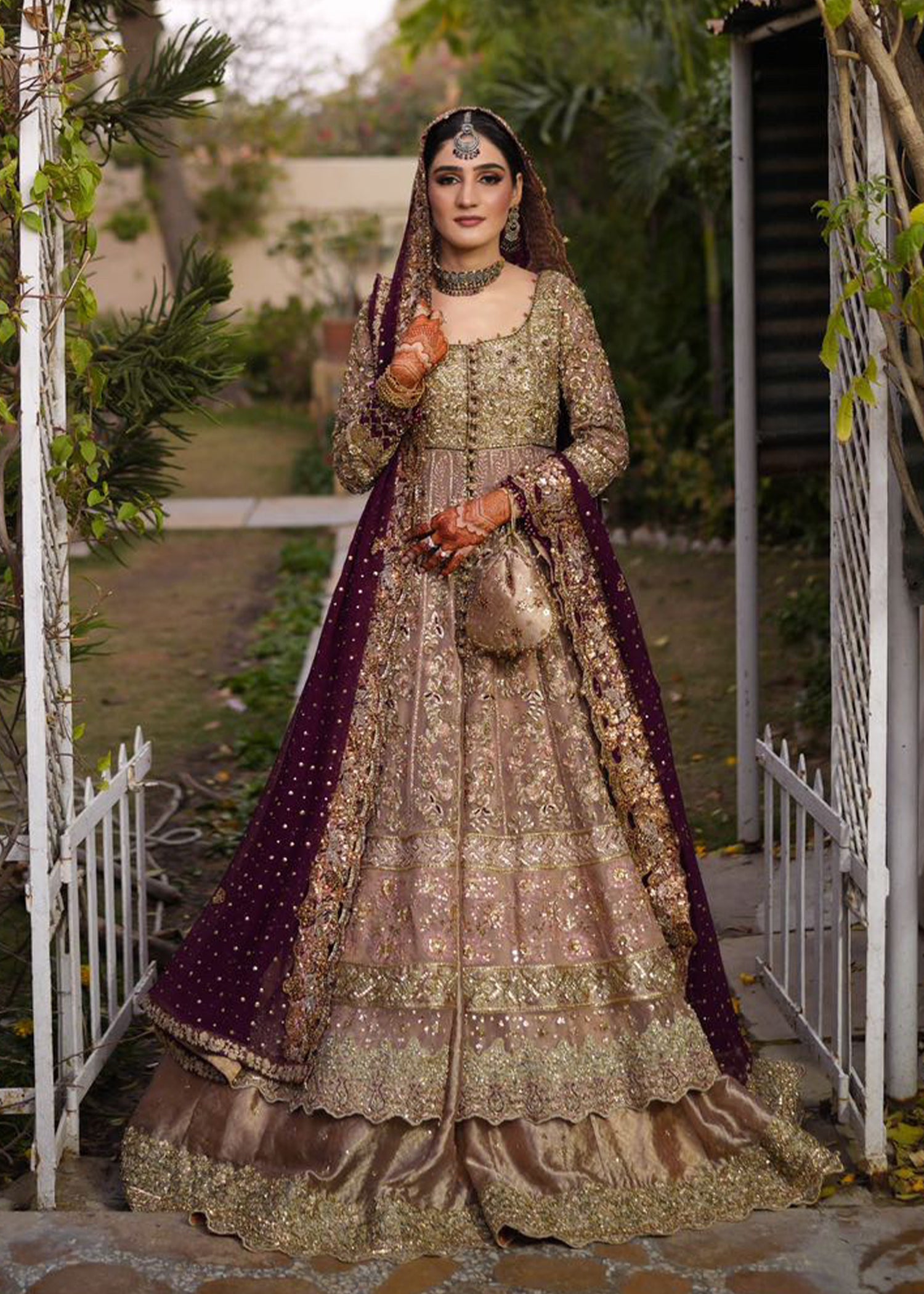 Antique Gold Plum Embellished Silk Bridal Lehenga (3-Piece) - Image 1