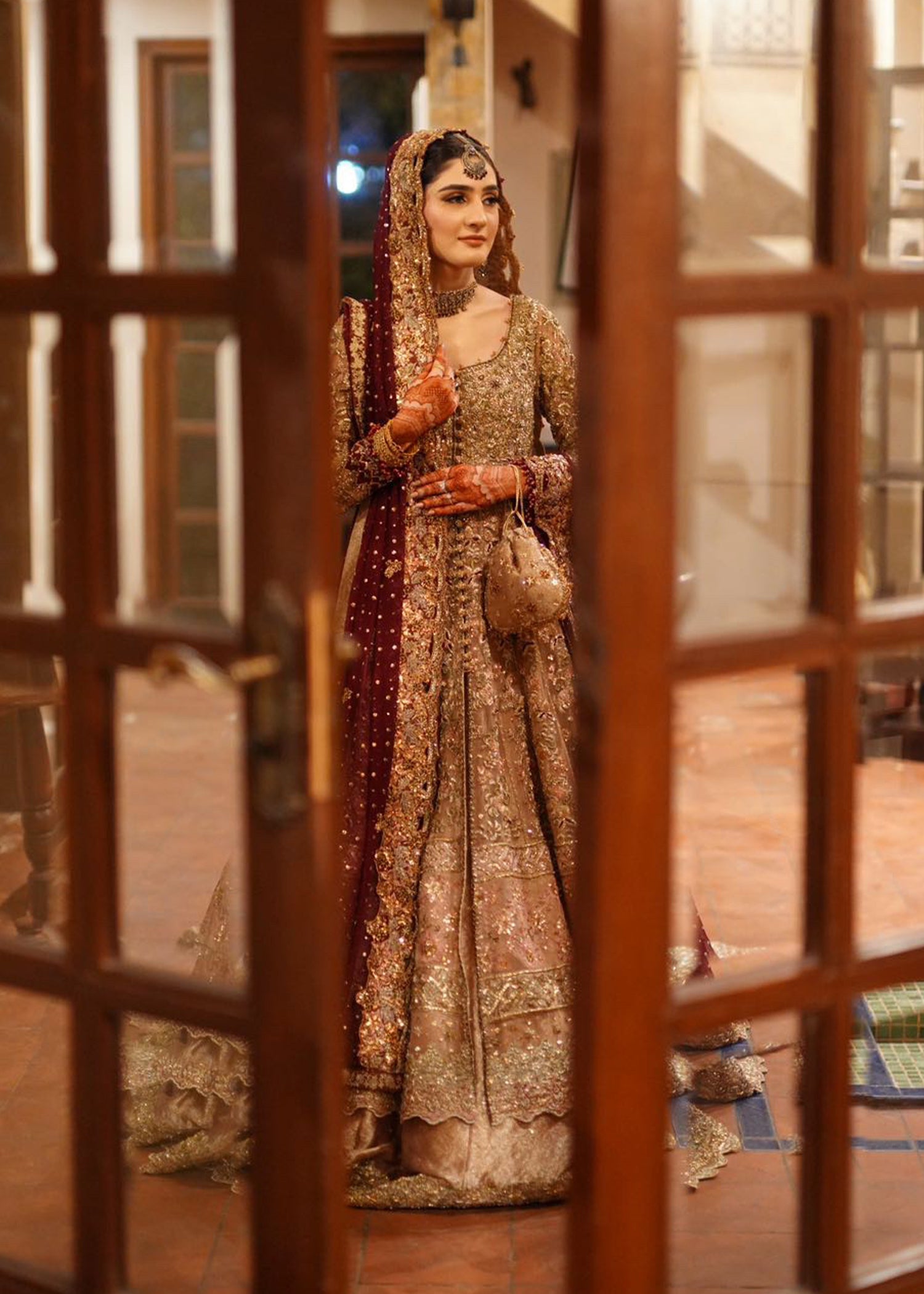 Antique Gold Plum Embellished Silk Bridal Lehenga (3-Piece) - Image 2