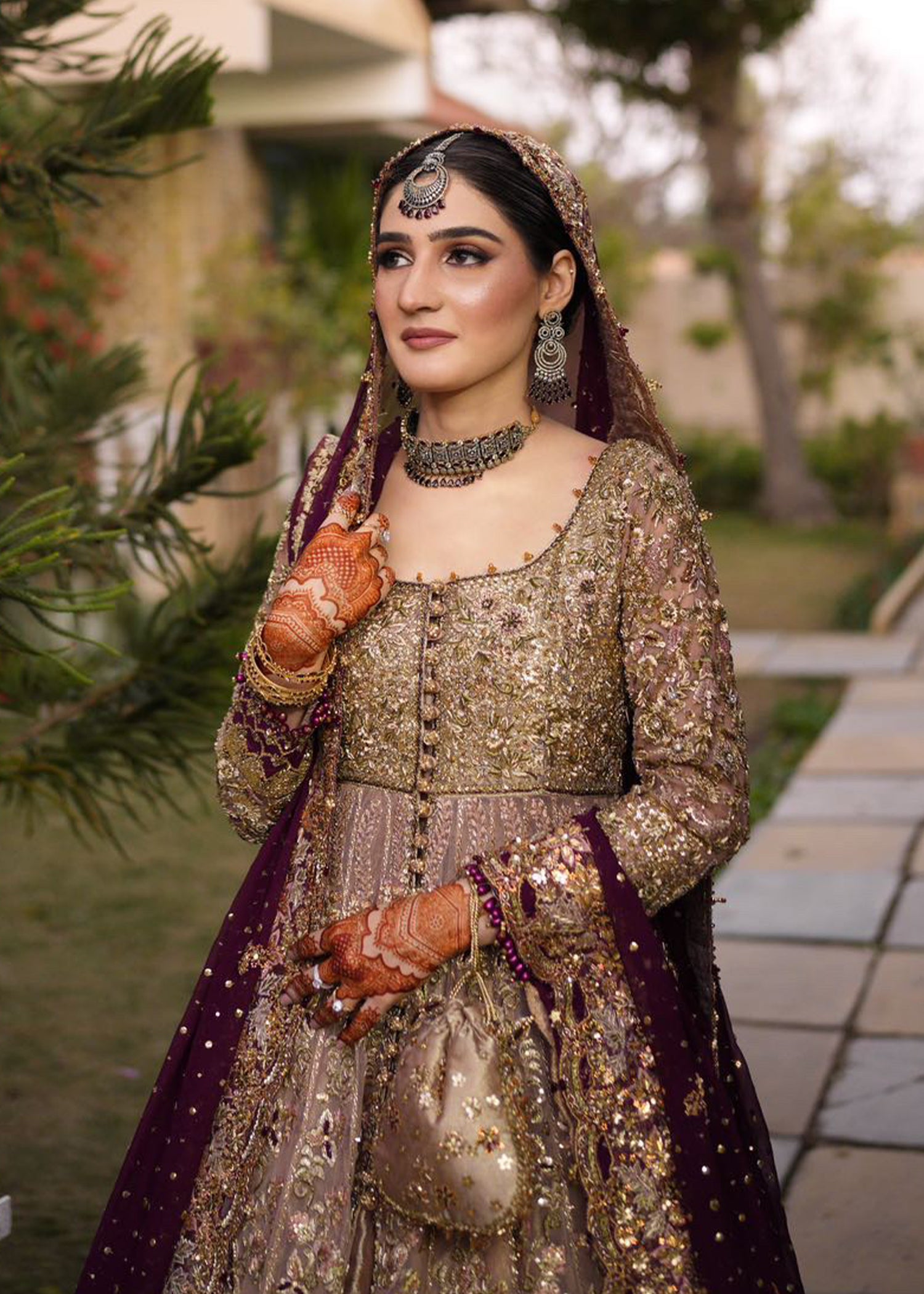 Antique Gold Plum Embellished Silk Bridal Lehenga (3-Piece) - Image 3