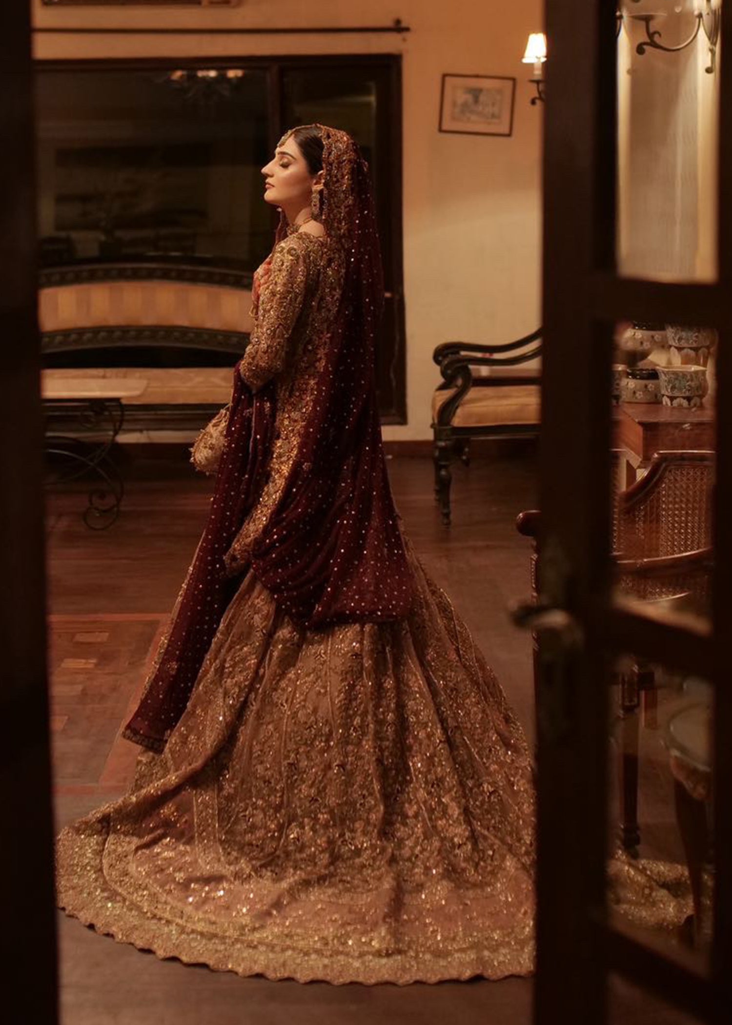 Antique Gold Plum Embellished Silk Bridal Lehenga (3-Piece) - Image 4