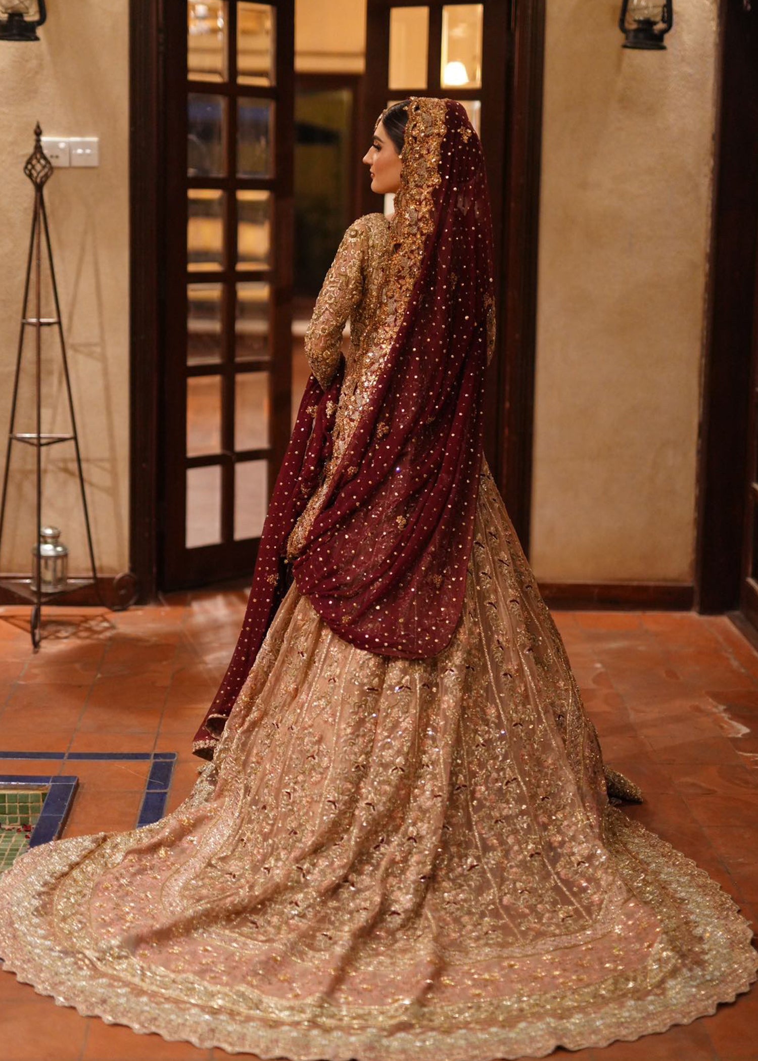 Antique Gold Plum Embellished Silk Bridal Lehenga (3-Piece) - Image 5