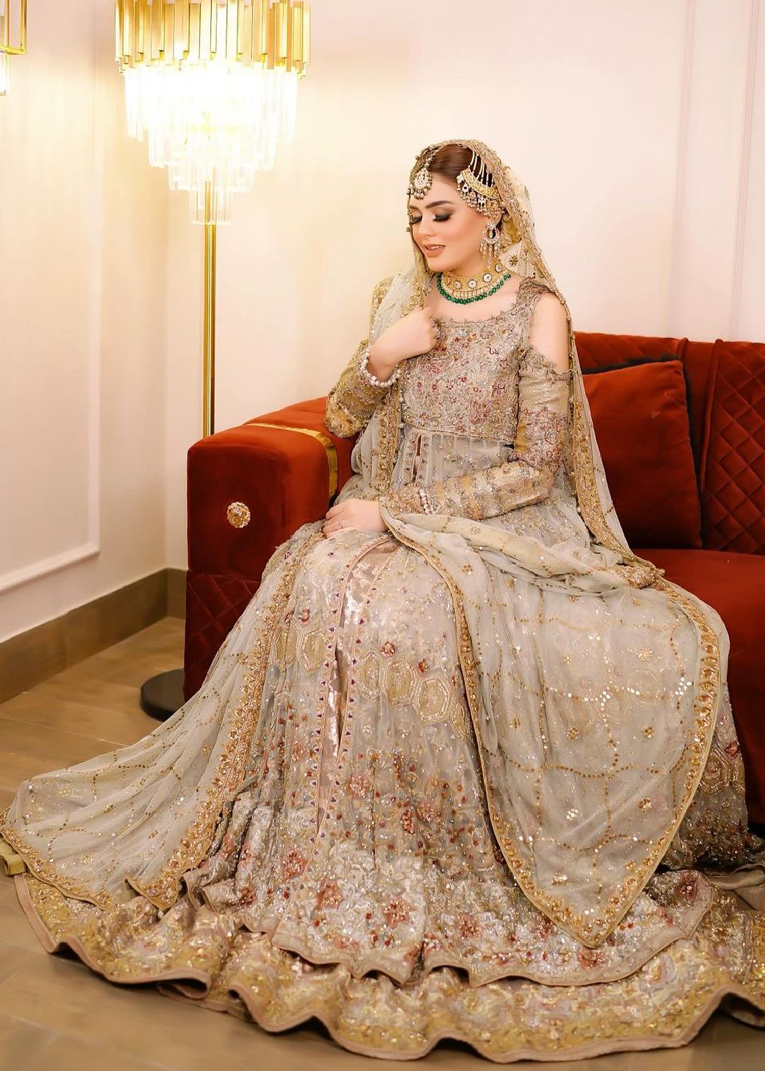 Pakistani Champagne Gold Embellished Silk-Blend Bridal Lehenga (3-Piece) - Image 1