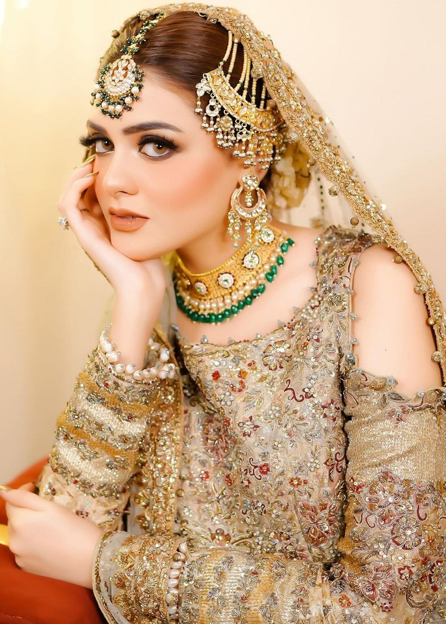 Pakistani Champagne Gold Embellished Silk-Blend Bridal Lehenga (3-Piece) - Image 2