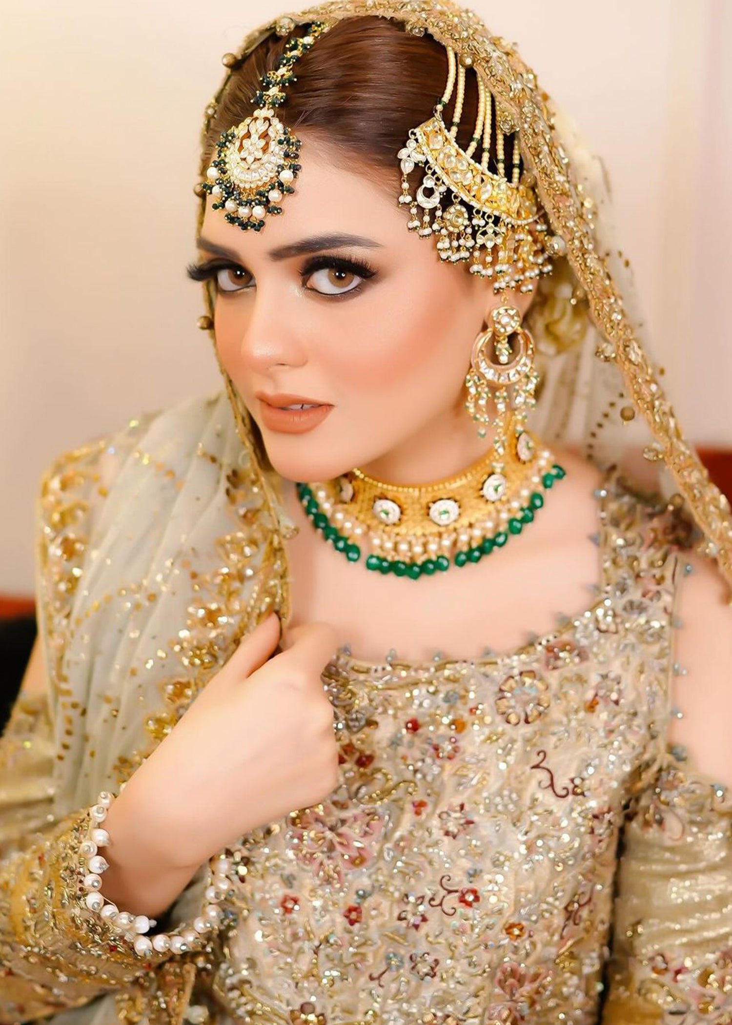 Pakistani Champagne Gold Embellished Silk-Blend Bridal Lehenga (3-Piece) - Image 3