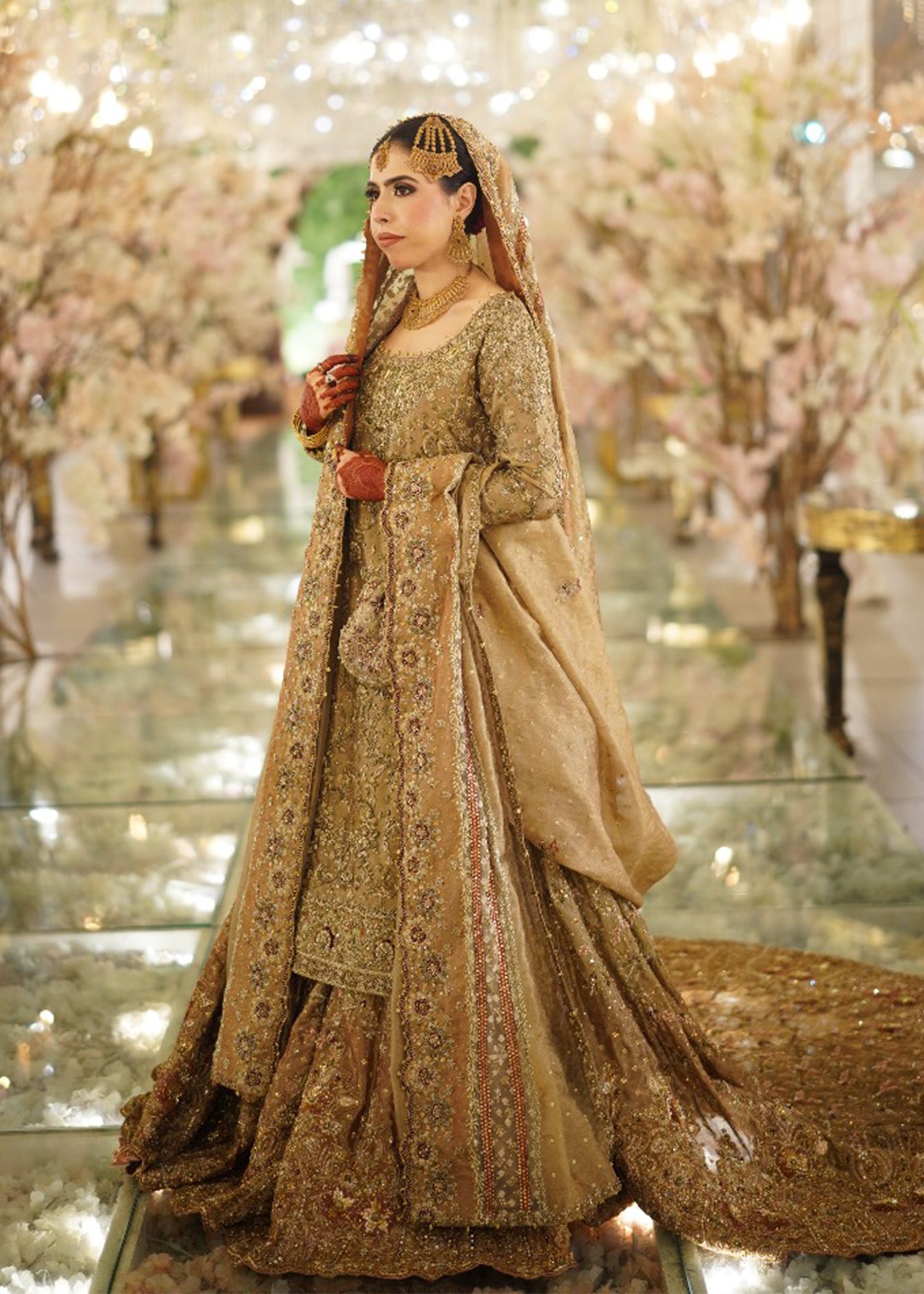 Pakistani Antique Gold Embellished Silk Bridal Lehenga (3-Piece) - Image 1