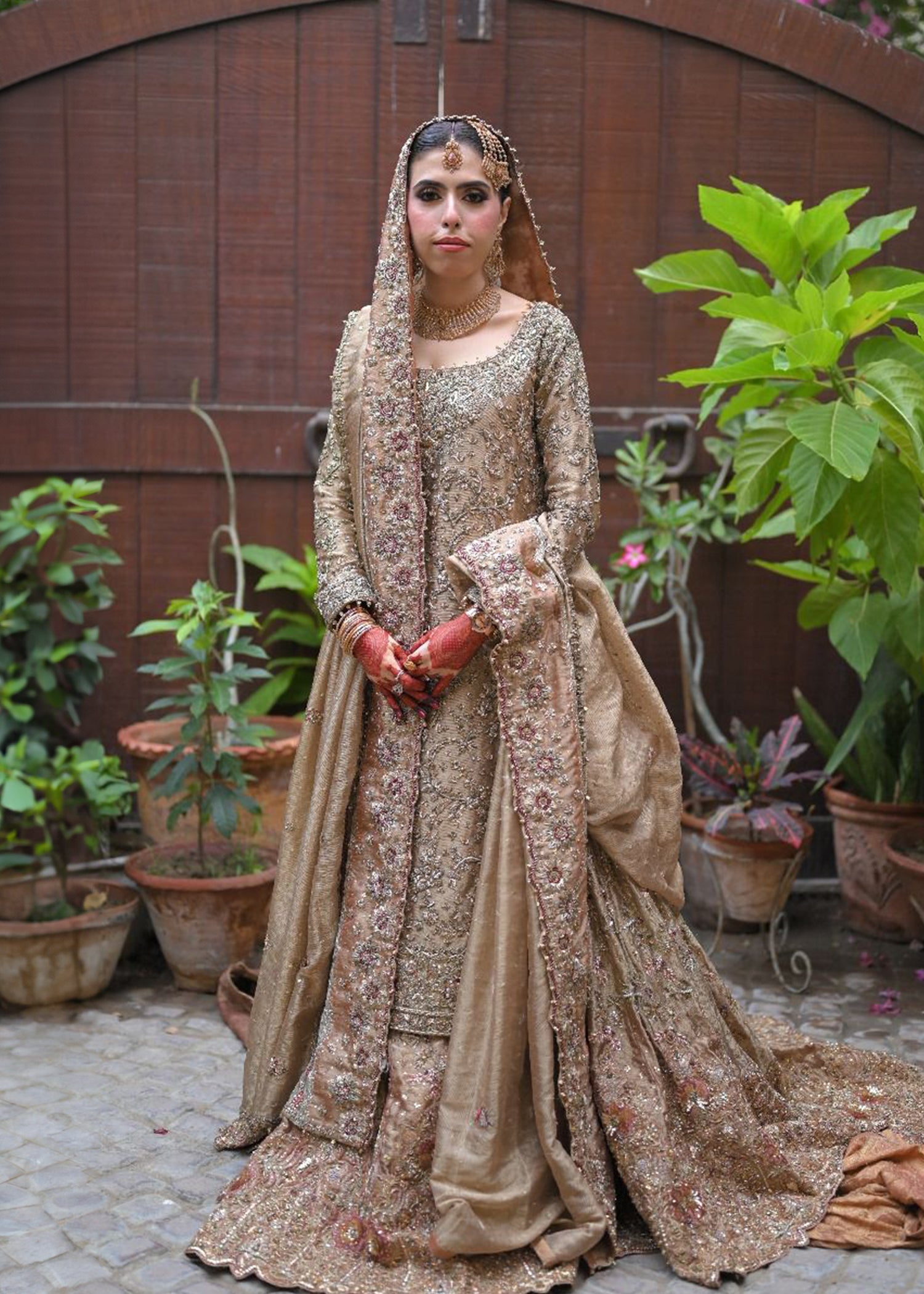 Pakistani Antique Gold Embellished Silk Bridal Lehenga (3-Piece) - Image 2