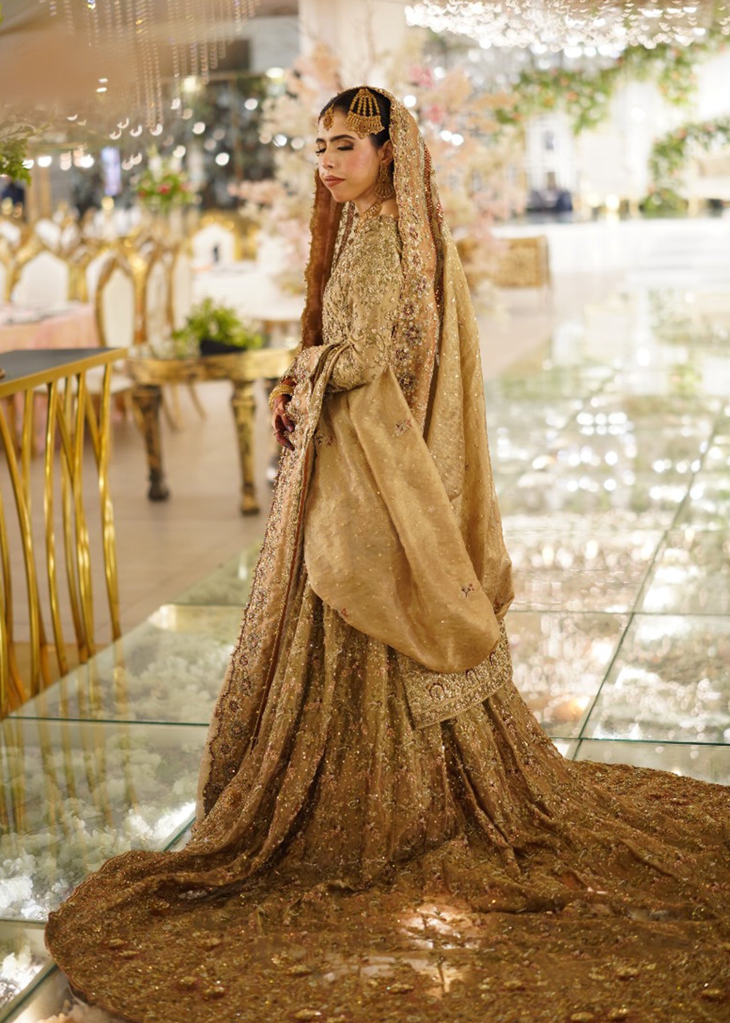 Pakistani Antique Gold Embellished Silk Bridal Lehenga (3-Piece) - Image 3