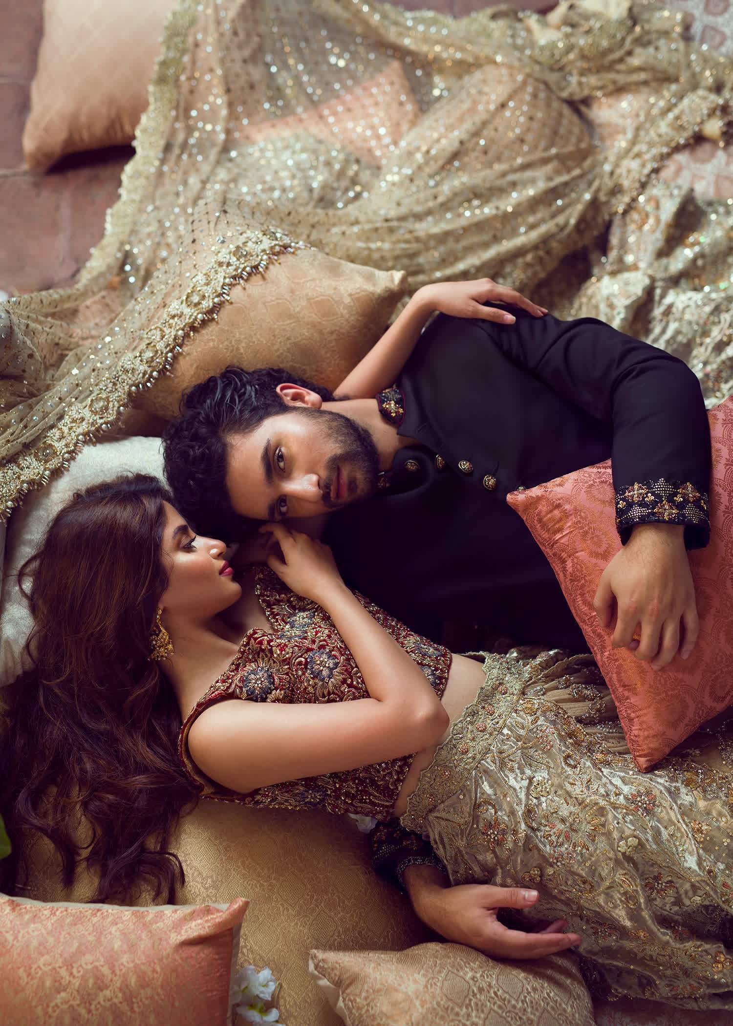 Pakistani Gold and Maroon Embellished Silk-Blend Bridal Lehenga (3-Piece) - Image 4