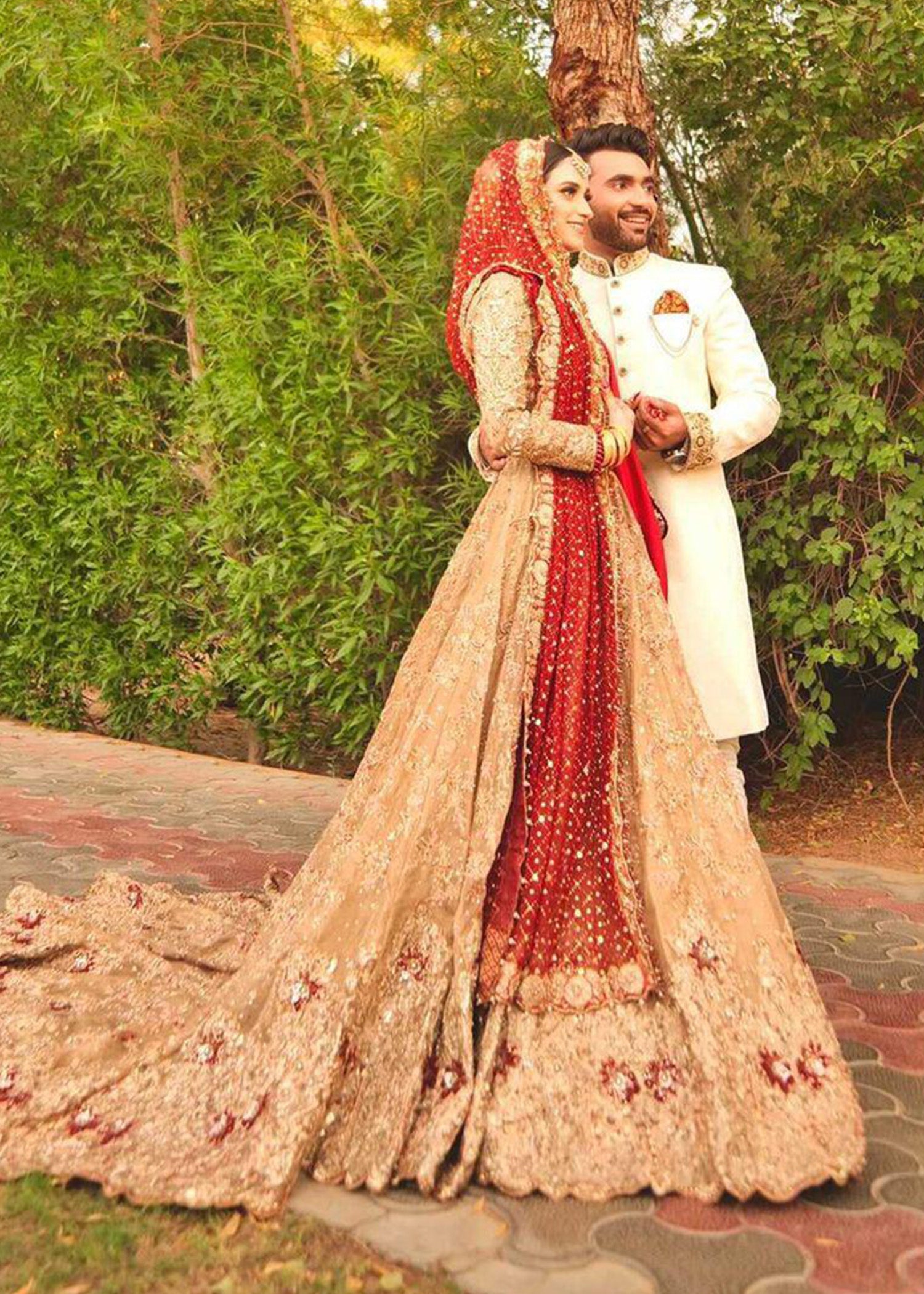 Champagne & Deep Red Embellished Silk-Blend Bridal Lehenga (3-Piece) - Image 1