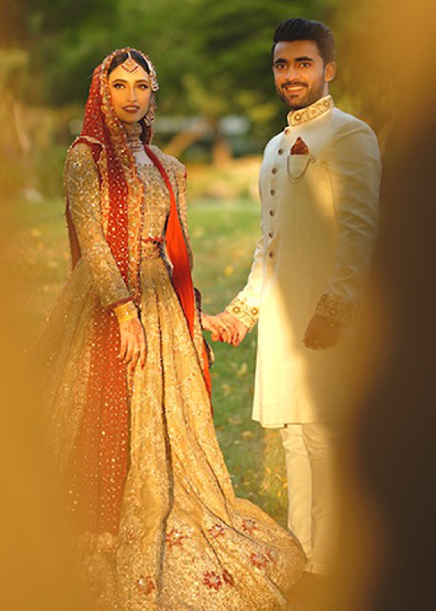 Champagne & Deep Red Embellished Silk-Blend Bridal Lehenga (3-Piece) - Image 3