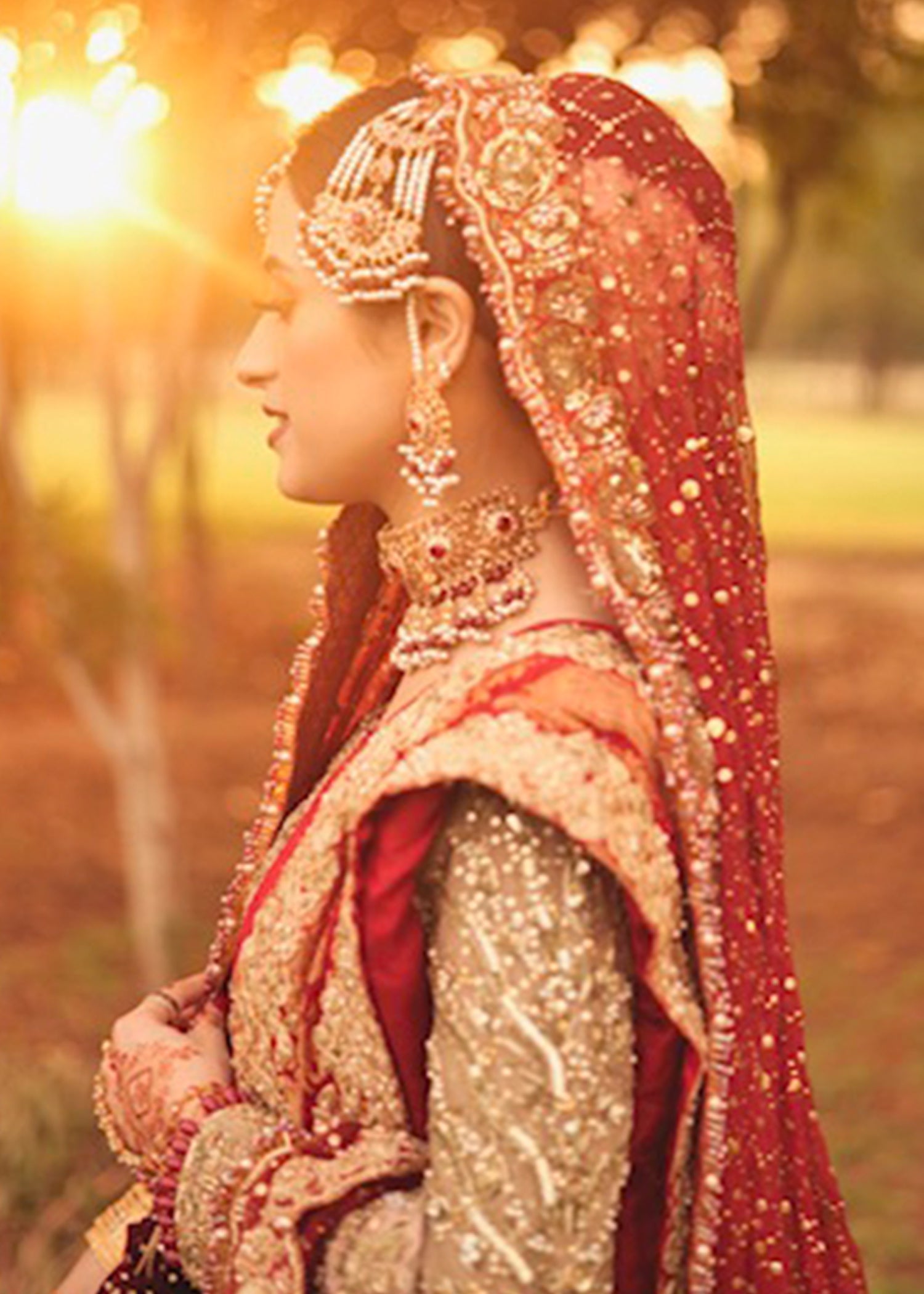 Champagne & Deep Red Embellished Silk-Blend Bridal Lehenga (3-Piece) - Image 4